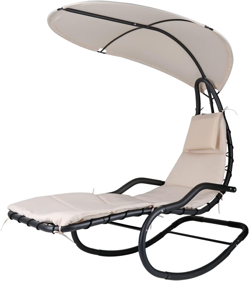 Outdoor Hammock Rocking Chaise Lounge Swing Chair, with Stand and Canopy, Porch Swing w/Soft Cushion Removable Headrest, Outdoor Recliner Rocking Chair for Garden Backyard Poolside (Blue)