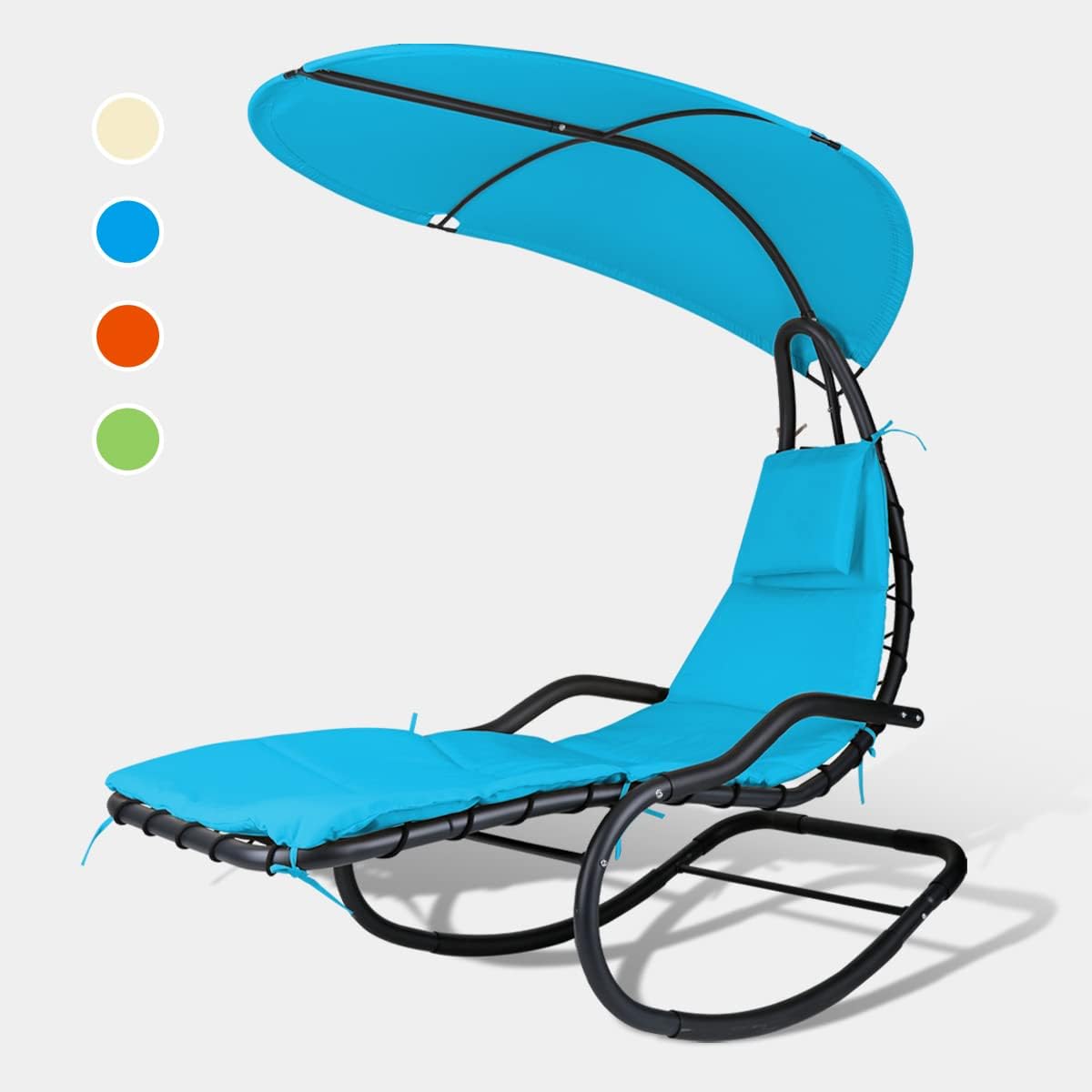 Outdoor Hammock Rocking Chaise Lounge Swing Chair, with Stand and Canopy, Porch Swing w/Soft Cushion Removable Headrest, Outdoor Recliner Rocking Chair for Garden Backyard Poolside (Blue)