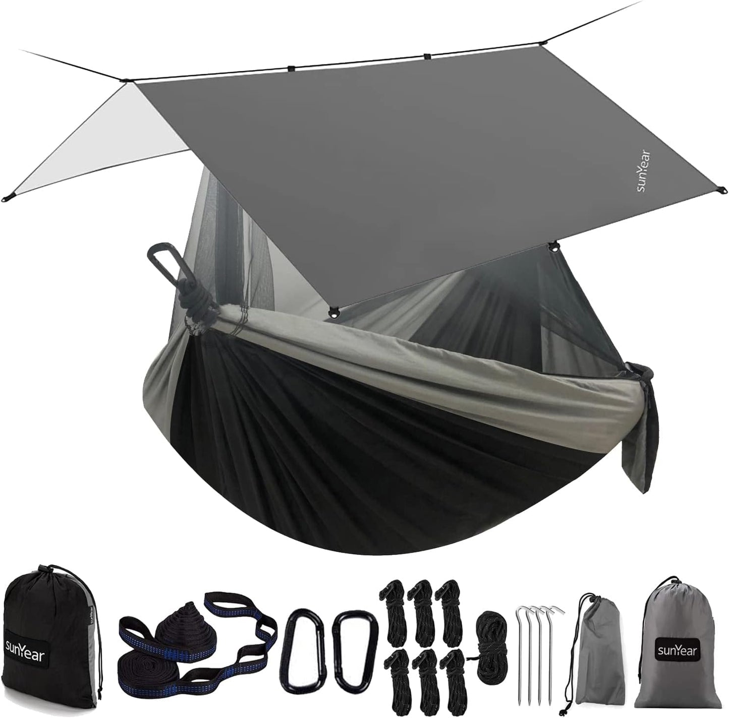 Sunyear Hammock Camping with Rain Fly Tarp and Net, Portable Camping Hammock Double Tree Hammock Outdoor Indoor Backpacking Travel & Survival, 2 Tree Straps,100% Waterproof
