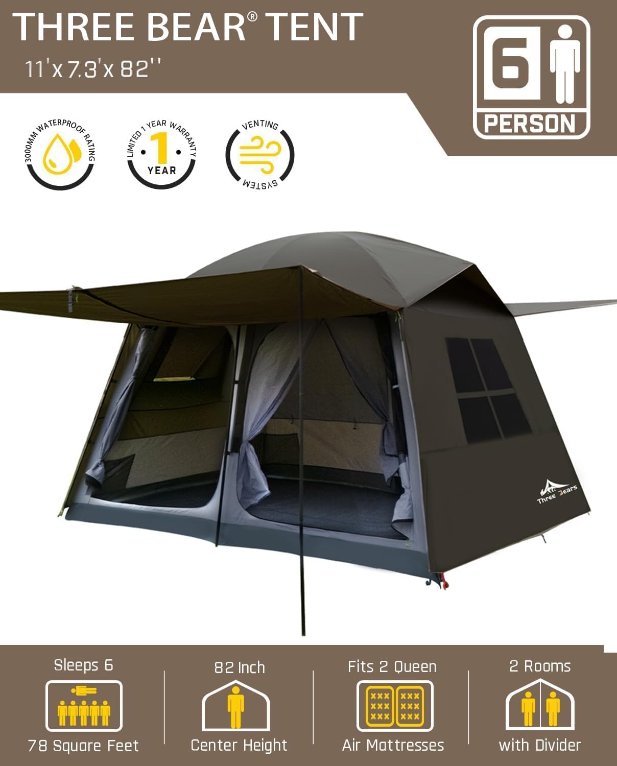 Three Bears 6-Person Tent, 3000mm Waterproof Double-Layer Tent with Room Dividers, Family Tent with Color-Coded Connection Buckles, Front and Rear Vestibules Can Be Set Up as Sunshade Canopies