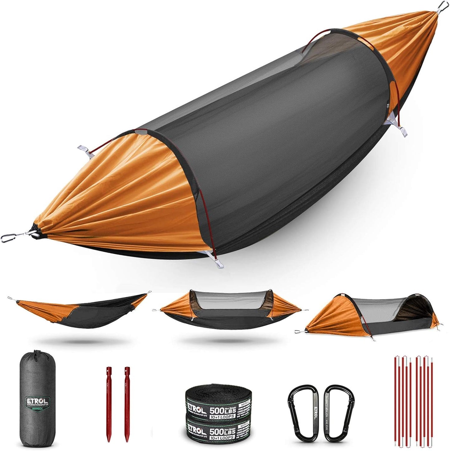 ETROL Camping Hammock with Mosquito Net,3 in 1 Function Parachute Portable Hammock,Double & Single Hammocks Tent for Travel Outdoor Indoor Hiking Patio - with Tree Straps,Carabiners,Aluminium Poles
