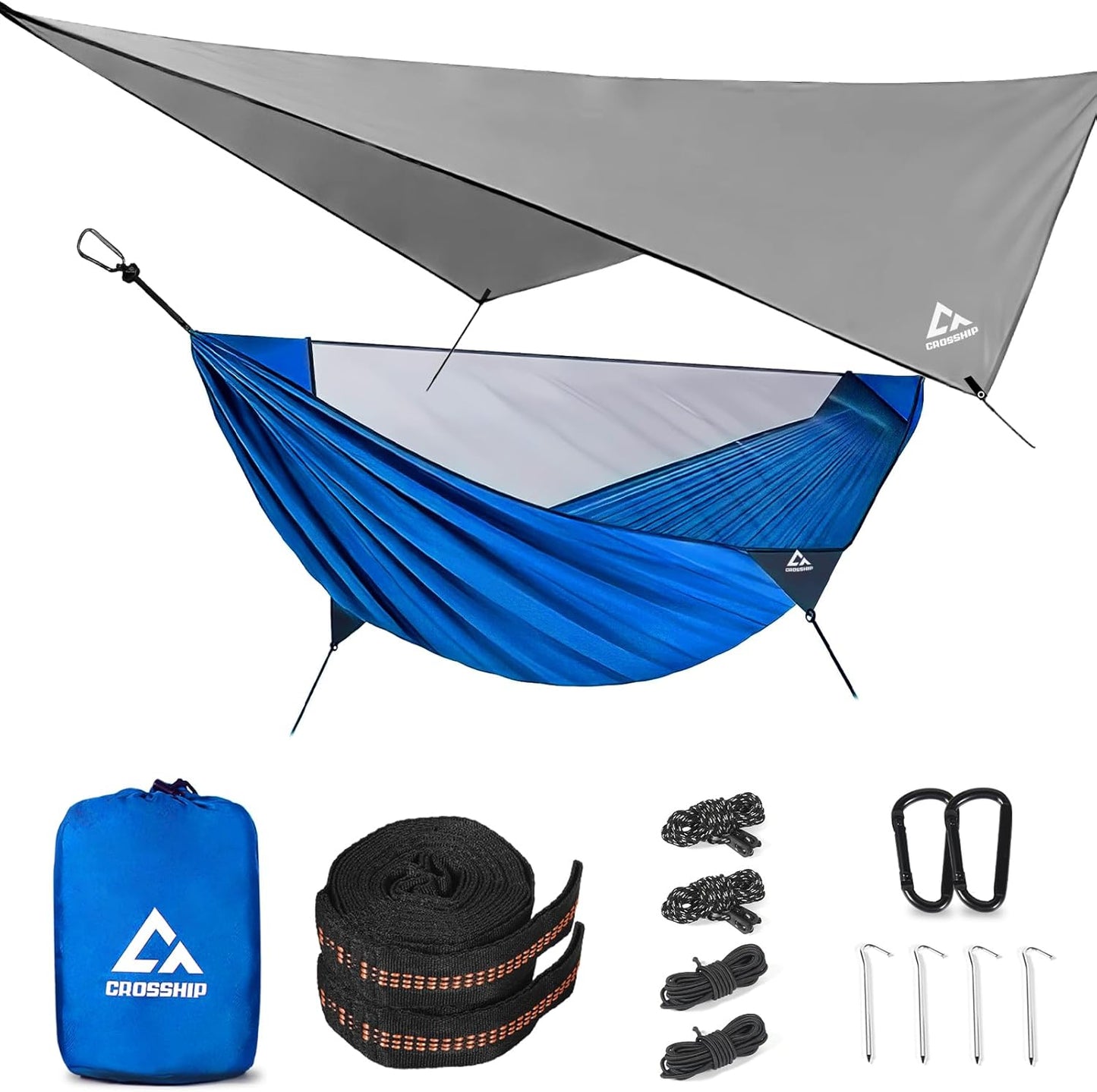 Camping Hammock Mosquito Net with Rain Fly - Rain Fly Tarp & Hammock Bug Net, Portable Parachute Nylon Hammock for Outdoor, Hiking, Backpacking, Backyard, Beach, Travel (Hold Up to 500lbs)