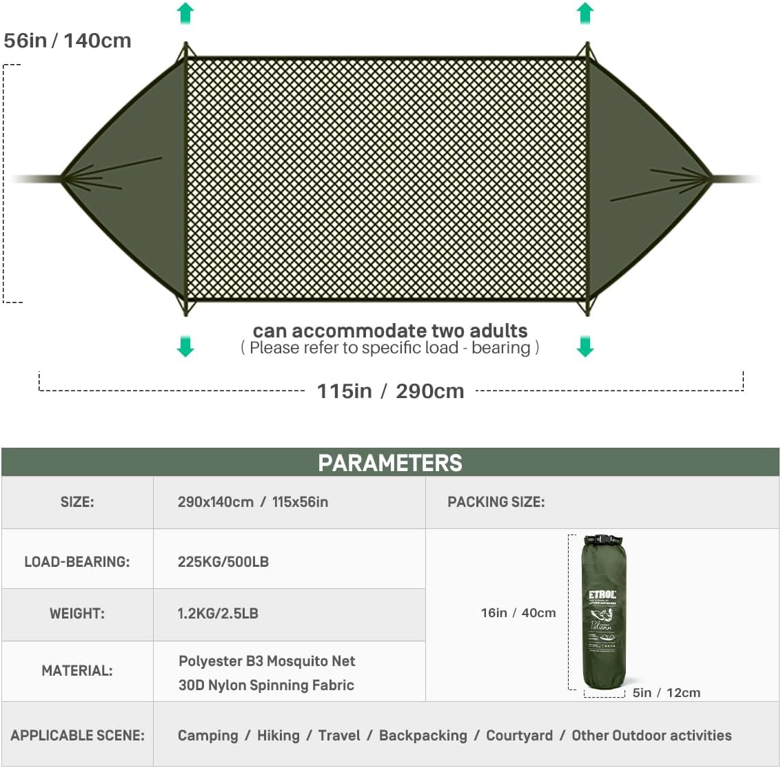 ETROL Camping Hammock with Mosquito Net,3 in 1 Function Parachute Portable Hammock,Double & Single Hammocks Tent for Travel Outdoor Indoor Hiking Patio - with Tree Straps,Carabiners,Aluminium Poles