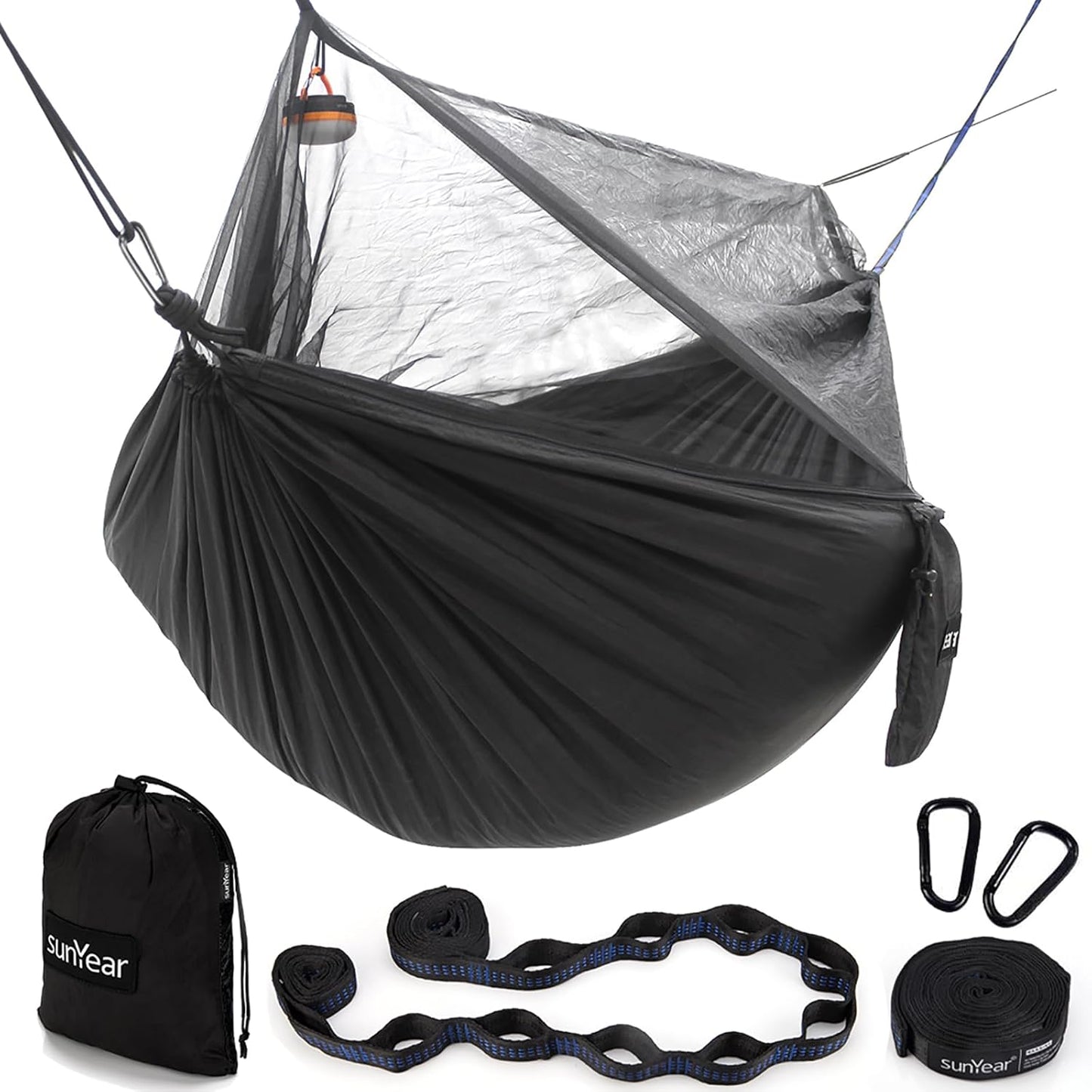 Sunyear Hammock Camping with Rain Fly Tarp and Net, Portable Camping Hammock Double Tree Hammock Outdoor Indoor Backpacking Travel & Survival, 2 Tree Straps,100% Waterproof