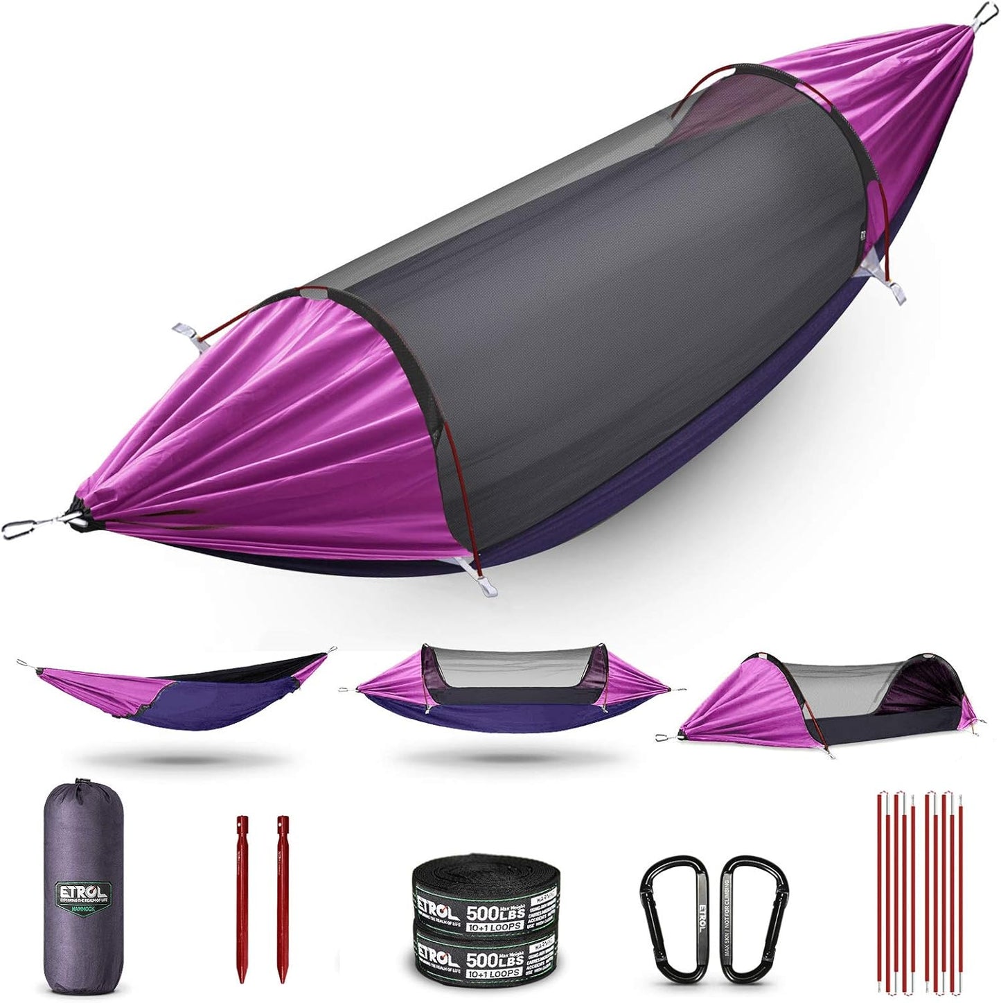 ETROL Camping Hammock with Mosquito Net,3 in 1 Function Parachute Portable Hammock,Double & Single Hammocks Tent for Travel Outdoor Indoor Hiking Patio - with Tree Straps,Carabiners,Aluminium Poles