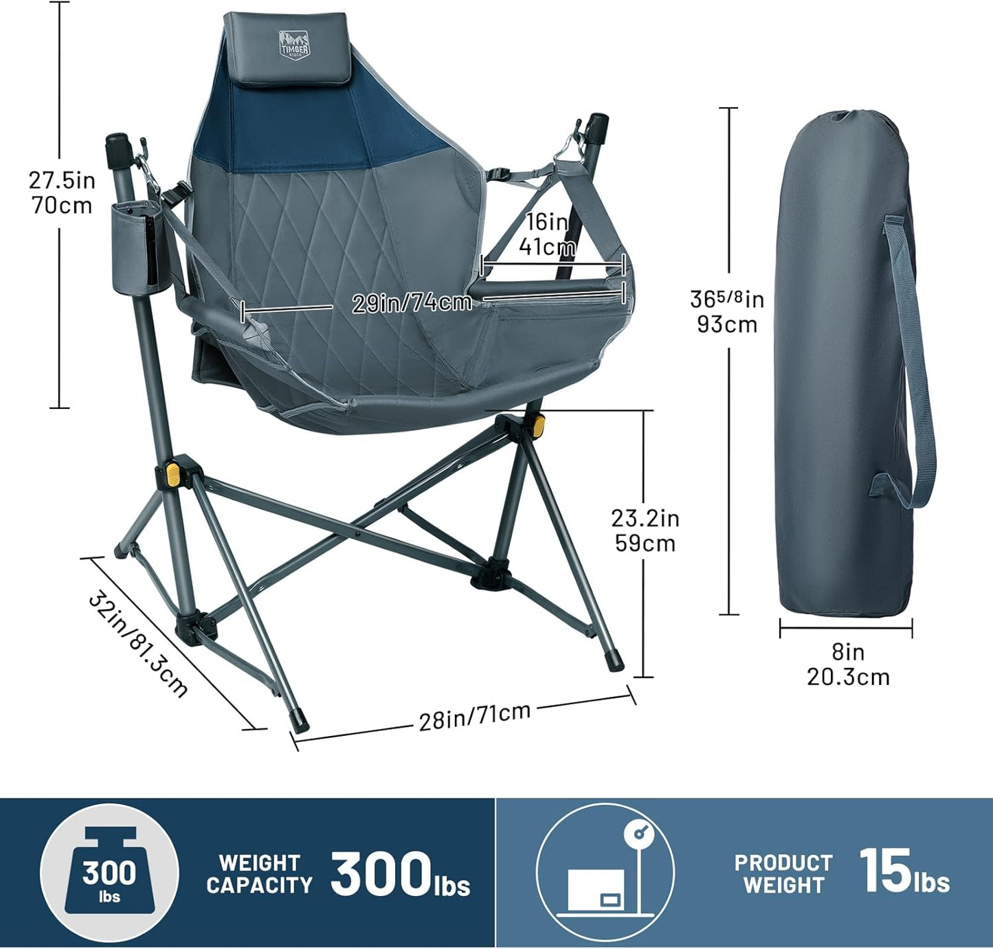 TIMBER RIDGE Hammock Camping Chair with Adjustable Backrest, Heavy Duty Folding Hammock Chair Supports 300lbs, Portable Hammock Chair for Camping, Travelling and Patio, Blue