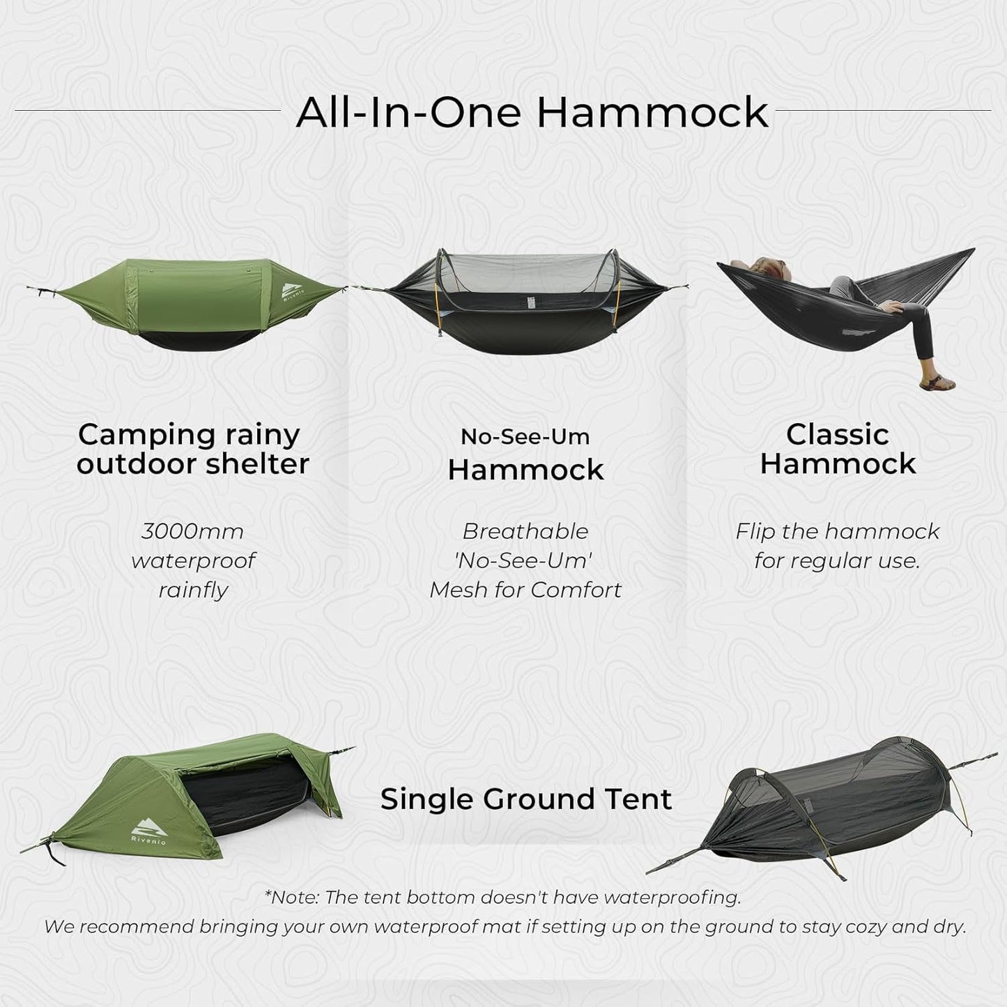 Camping Hammock Tent with Mosquito Net & RainFly, 3 in 1 Waterproof Lightweight Portable Sleeping Hammock Bug, Travel Outdoor Gear with Tree Strap Swing, for Hiking Patio Expedition