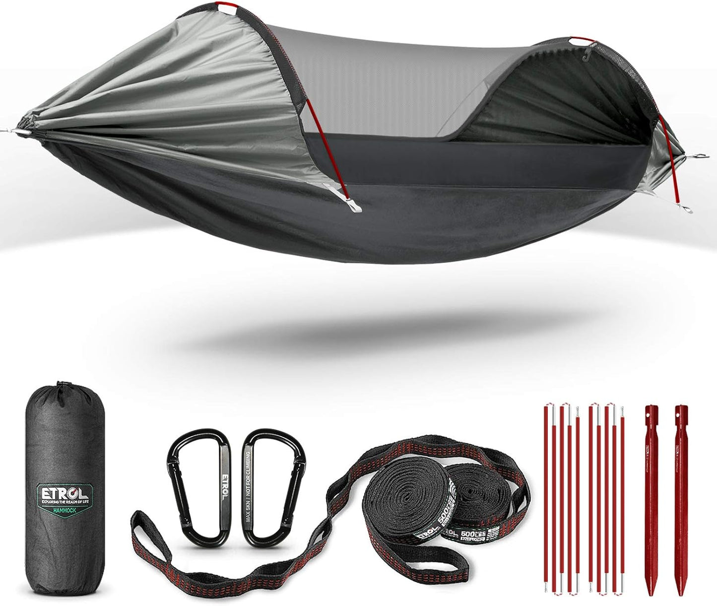 ETROL Camping Hammock with Mosquito Net,3 in 1 Function Parachute Portable Hammock,Double & Single Hammocks Tent for Travel Outdoor Indoor Hiking Patio - with Tree Straps,Carabiners,Aluminium Poles