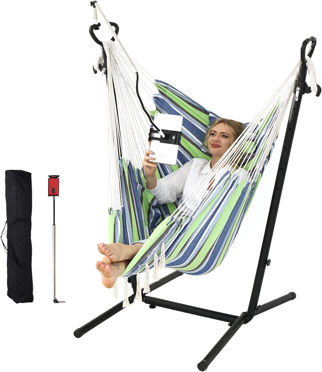 ZEYU Hammock Chair with Stand Double Hammock Chair Bohemian Style with Tassel Mobile Phone Support Manual Adjustable Swing Indoor and Outdoor Garden Porch with Floor mat Reclining Capacity 400 pounds