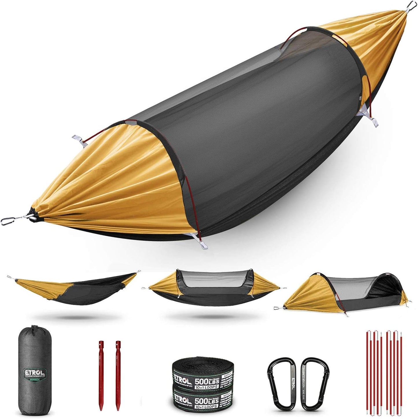 ETROL Camping Hammock with Mosquito Net,3 in 1 Function Parachute Portable Hammock,Double & Single Hammocks Tent for Travel Outdoor Indoor Hiking Patio - with Tree Straps,Carabiners,Aluminium Poles