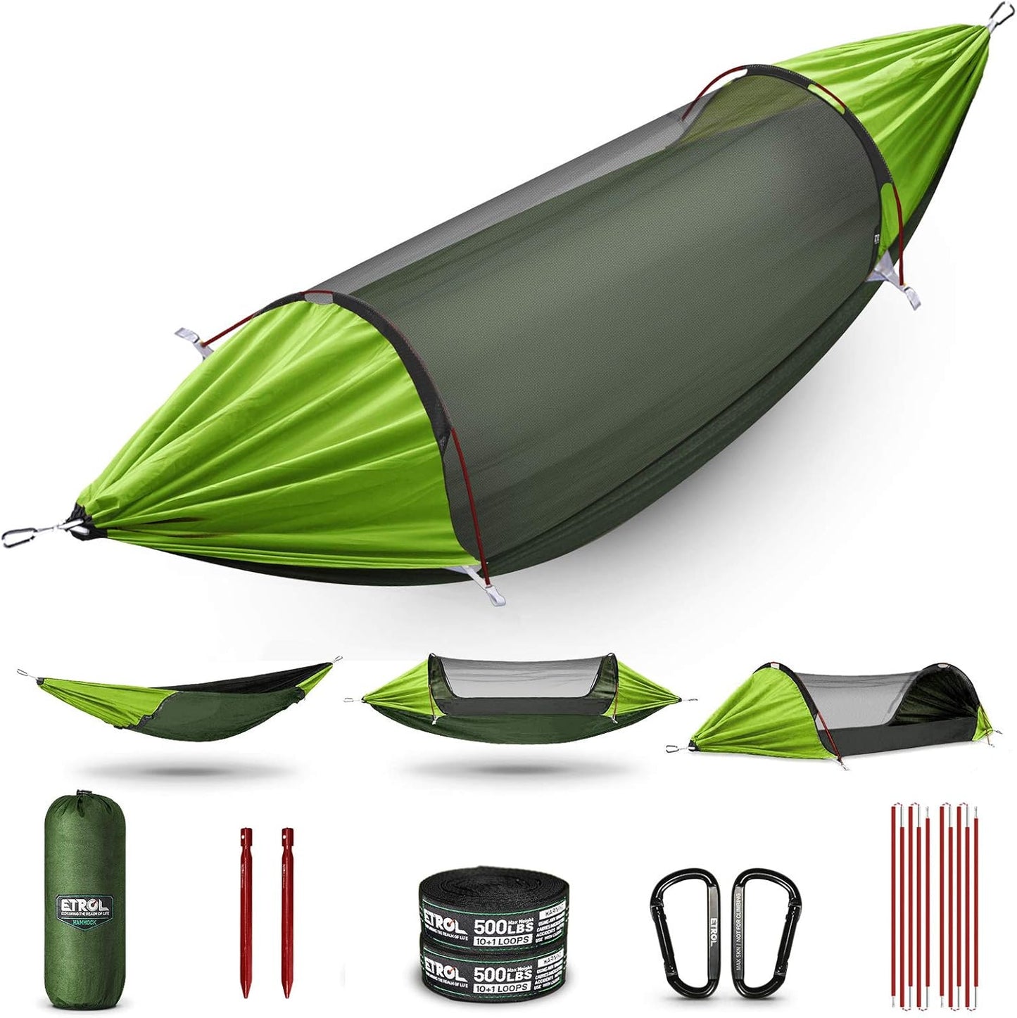ETROL Camping Hammock with Mosquito Net,3 in 1 Function Parachute Portable Hammock,Double & Single Hammocks Tent for Travel Outdoor Indoor Hiking Patio - with Tree Straps,Carabiners,Aluminium Poles