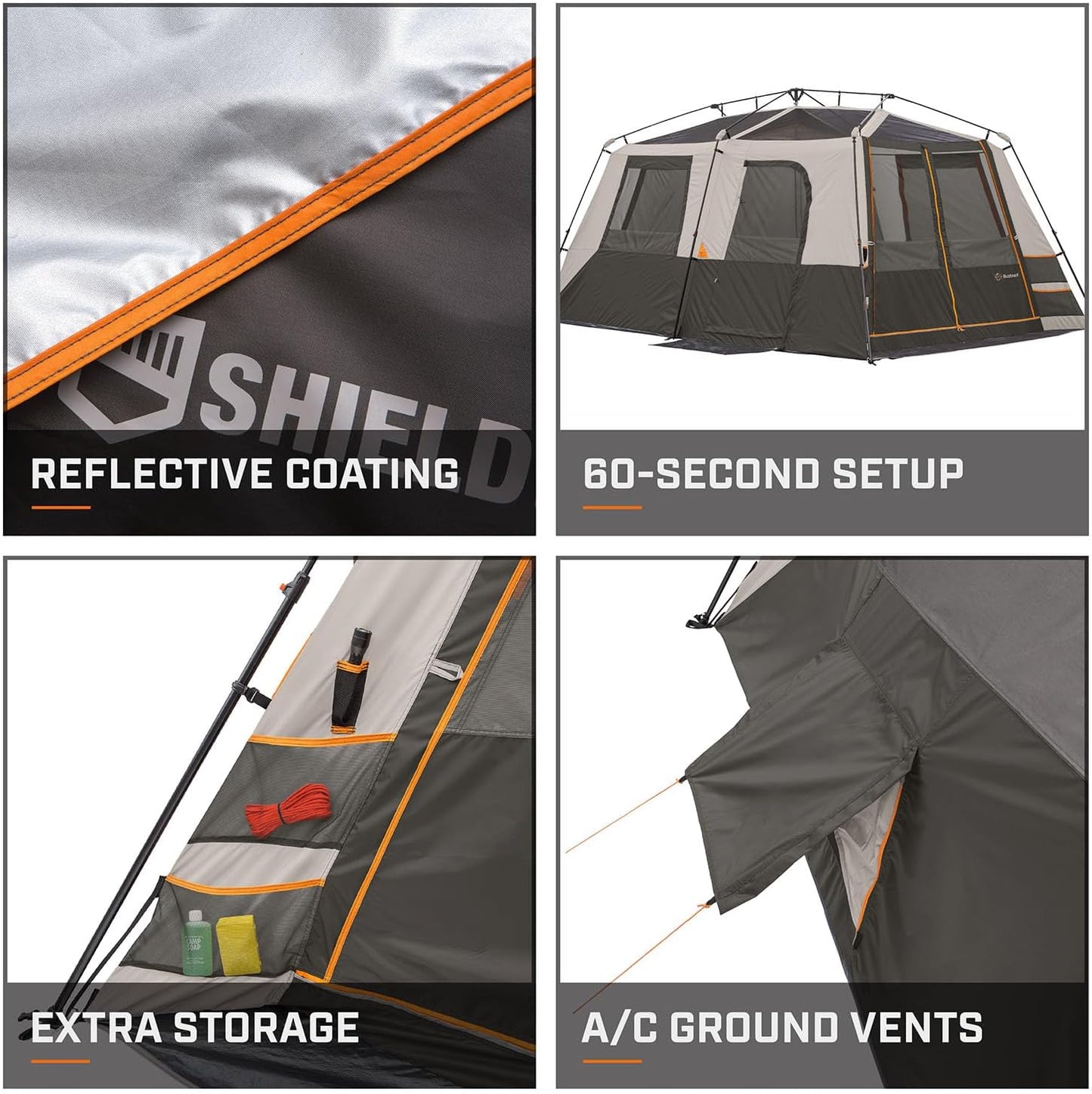Bushnell Instant Tent | 6 Person / 9 Person / 12 Person Shield Series Instant Tents Cabin Design Perfect for 3 Season Family Camping, Hunting, and Fishing with Fast Setup