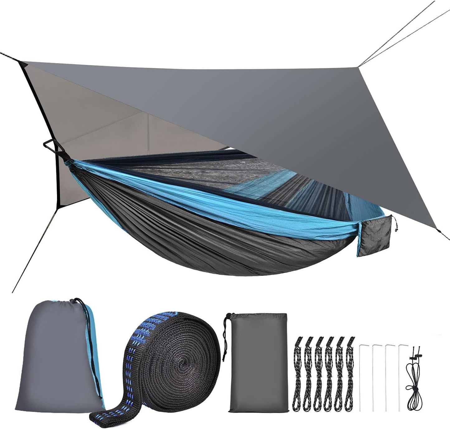 Camping Hammock with Rain Fly Tarp and Mosquito Net Tent Tree Straps, Portable Single Double Nylon Parachute Hammock Rainfly Set for Backpacking Hiking Travel Yard Outdoor Activities Green