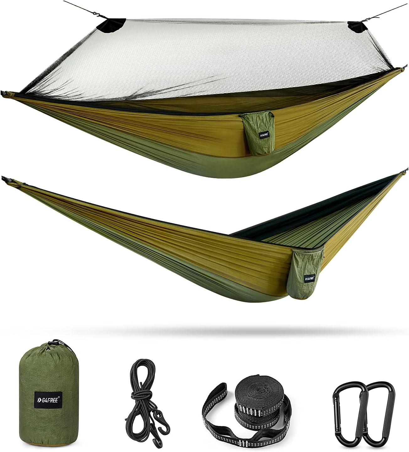 G4Free Large Camping Hammock with Mosquito Net 2 Person Pop-up Parachute Lightweight Hanging Hammocks Tree Straps Swing Bed for Outdoor Backpacking Backyard Hiking