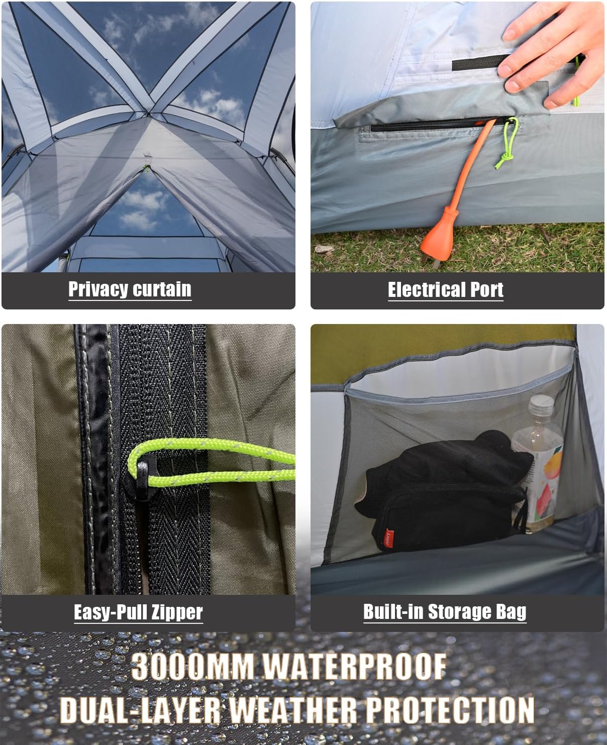 Three Bears 6-Person Tent, 3000mm Waterproof Double-Layer Tent with Room Dividers, Family Tent with Color-Coded Connection Buckles, Front and Rear Vestibules Can Be Set Up as Sunshade Canopies
