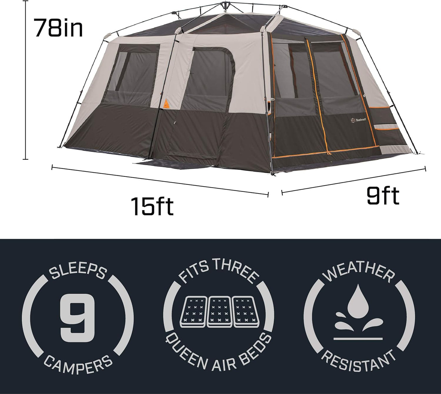 Bushnell Instant Tent | 6 Person / 9 Person / 12 Person Shield Series Instant Tents Cabin Design Perfect for 3 Season Family Camping, Hunting, and Fishing with Fast Setup