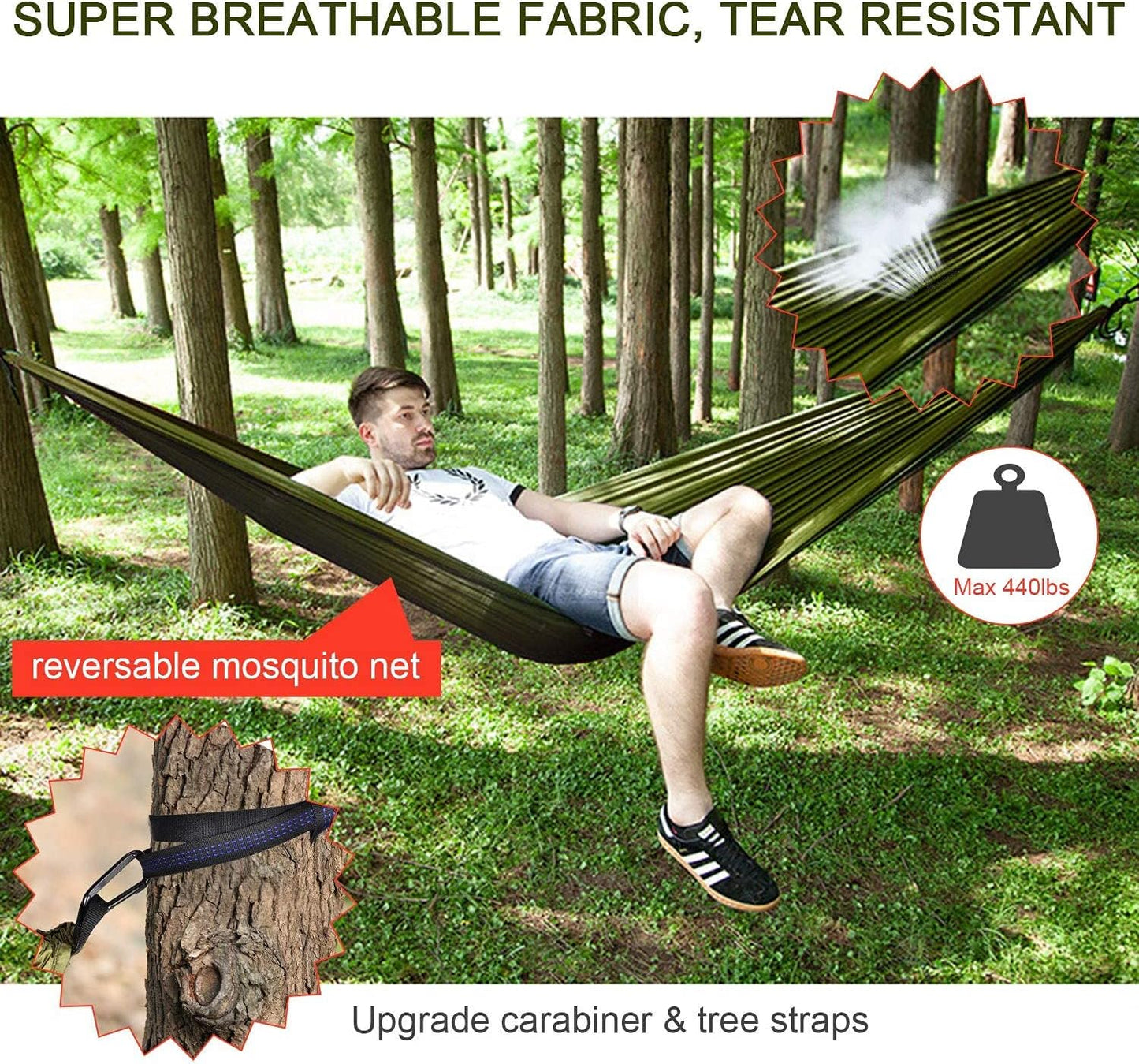 Camping Hammock with Rain Fly Tarp and Mosquito Net Tent Tree Straps, Portable Single Double Nylon Parachute Hammock Rainfly Set for Backpacking Hiking Travel Yard Outdoor Activities Green