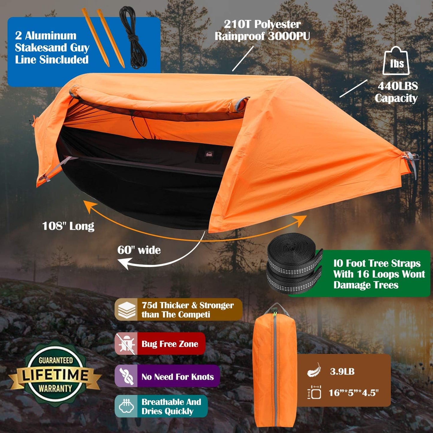 WintMing Hammock with Mosquito Net and Rain Fly Cover 3 in 1 Camping Hammock Tent 440lbs Load