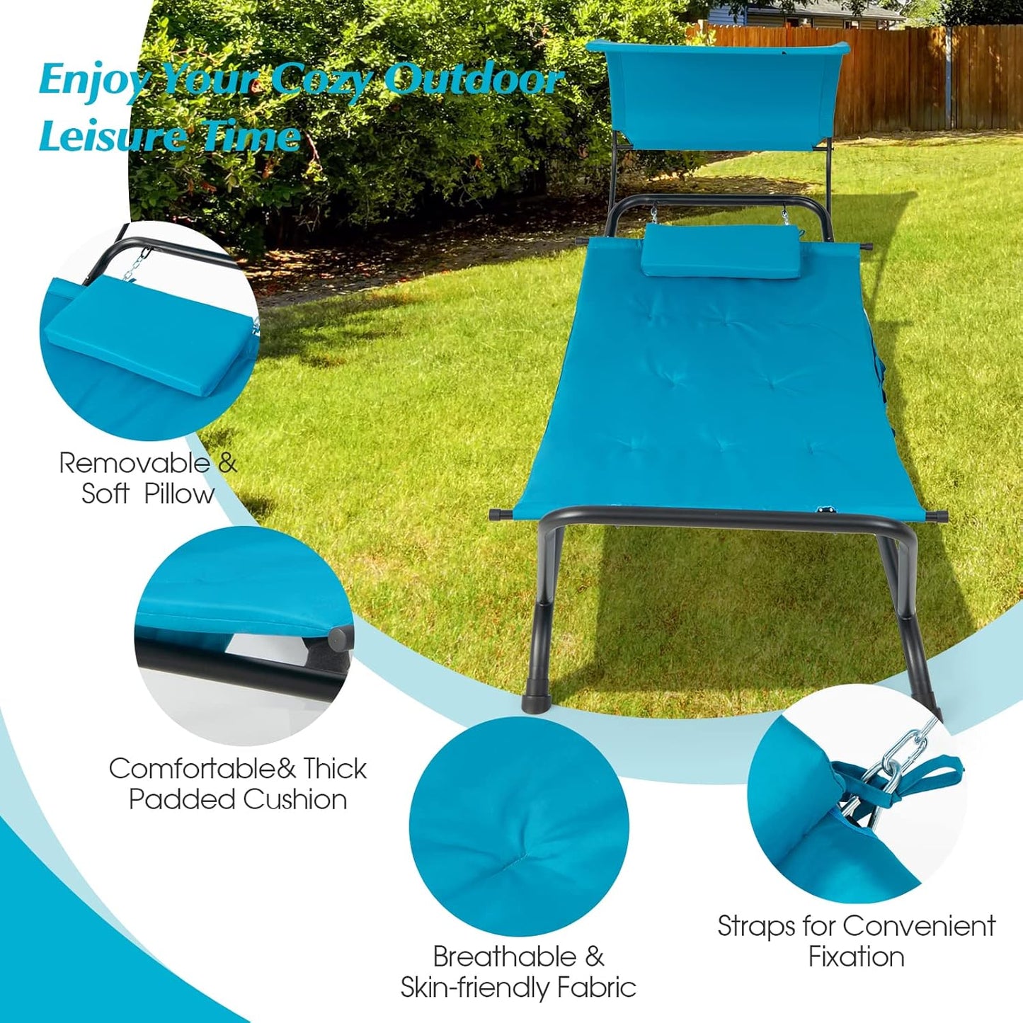 Giantex Hanging Hammock with Stand, Patio Hanging Chaise Lounge Chair w/Canopy, Cushion, Pillow & Storage Bag, Heavy Duty Swing Hammock Bed for Garden Lawn Backyard Patio Poolside Porch (Blue)