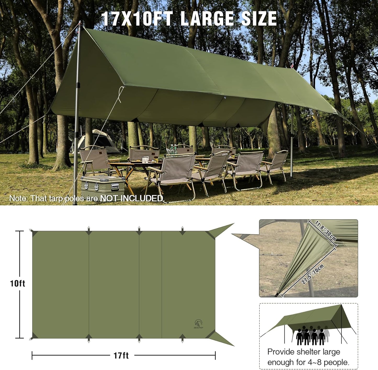 REDCAMP 10x17ft Large Waterproof Camping Tarp, Hammock Rain Fly with UV50+ Sun Protection, 8 Guy Lines & Stakes, Backpacking Tent Shelter for Camping, Hiking, Beach (Green)