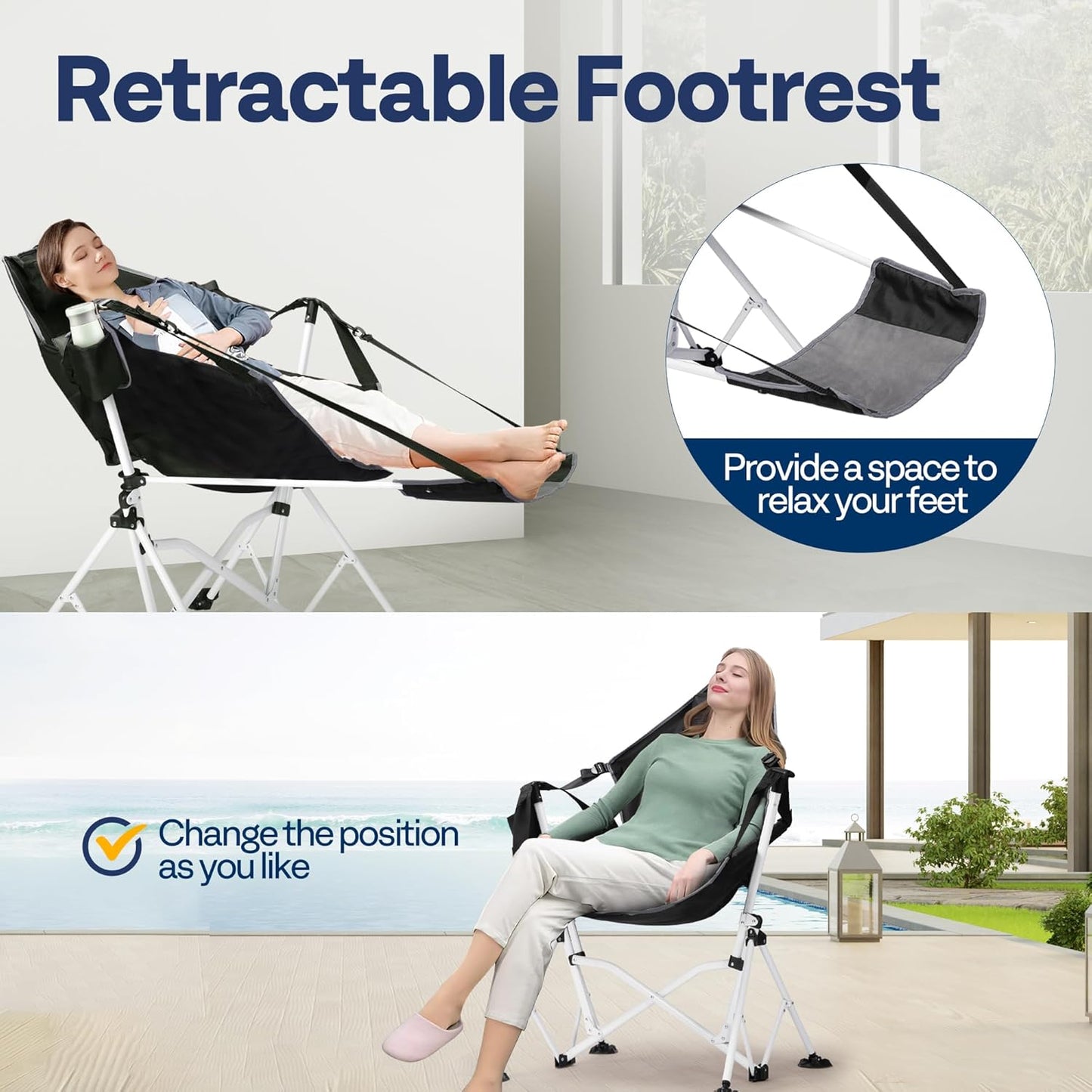 VIVOHOME Hammock Camping Chair with Removable Footrest, Portable Outdoor Swinging Rocking Chairs for Adults with Adjustable Pillow, Back and Height for Travelling,Backyard, Patio, Supports 400 lbs
