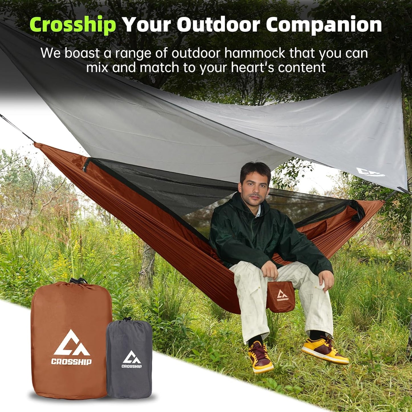 Camping Hammock Mosquito Net with Rain Fly - Rain Fly Tarp & Hammock Bug Net, Portable Parachute Nylon Hammock for Outdoor, Hiking, Backpacking, Backyard, Beach, Travel (Hold Up to 500lbs)