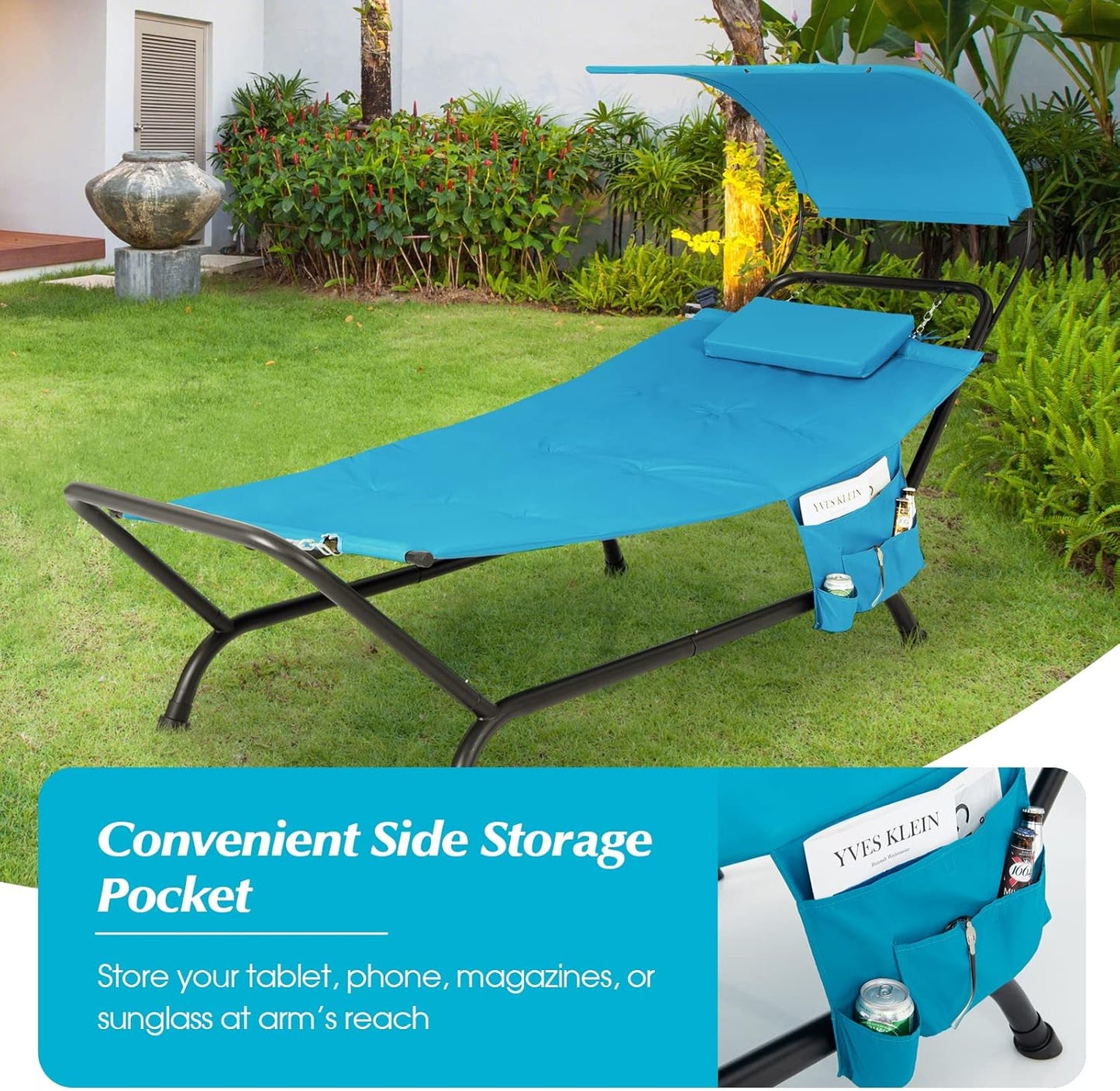 Giantex Hanging Hammock with Stand, Patio Hanging Chaise Lounge Chair w/Canopy, Cushion, Pillow & Storage Bag, Heavy Duty Swing Hammock Bed for Garden Lawn Backyard Patio Poolside Porch (Blue)