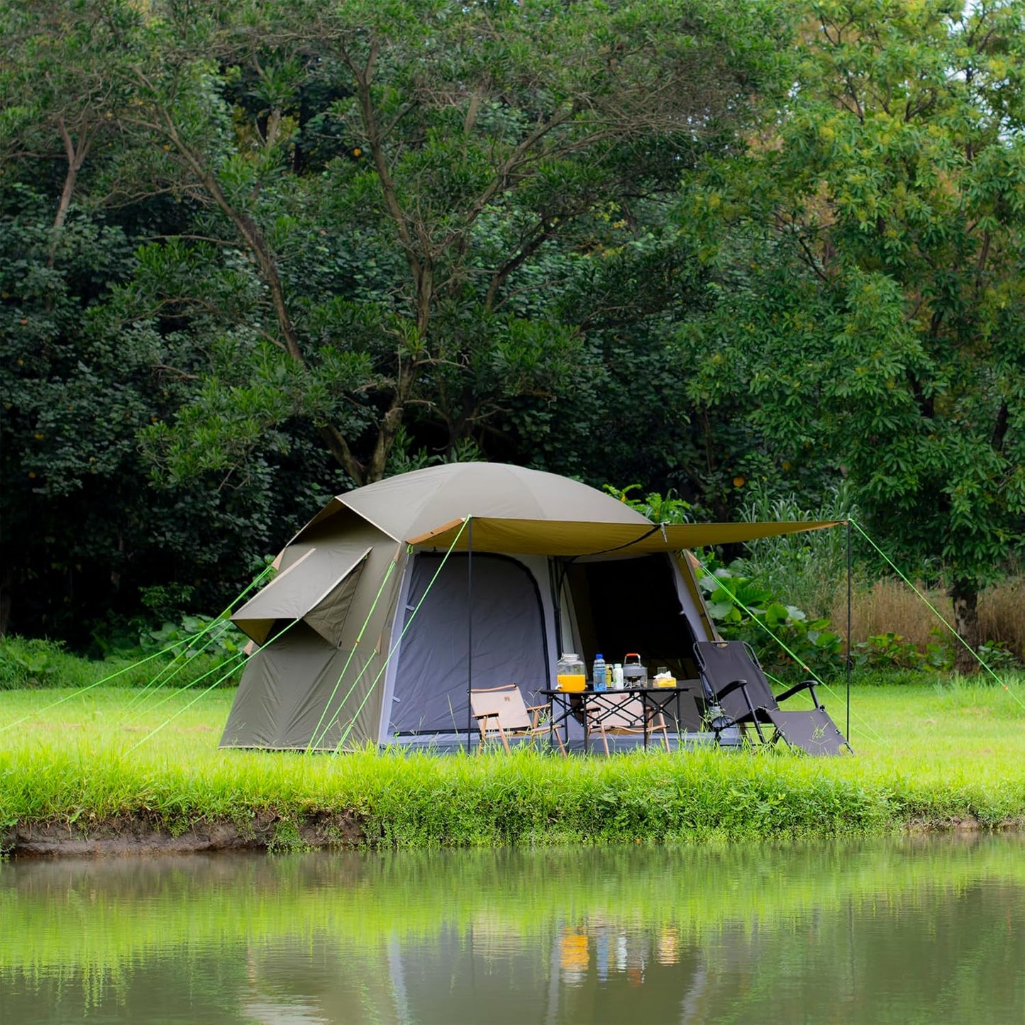 Three Bears 6-Person Tent, 3000mm Waterproof Double-Layer Tent with Room Dividers, Family Tent with Color-Coded Connection Buckles, Front and Rear Vestibules Can Be Set Up as Sunshade Canopies