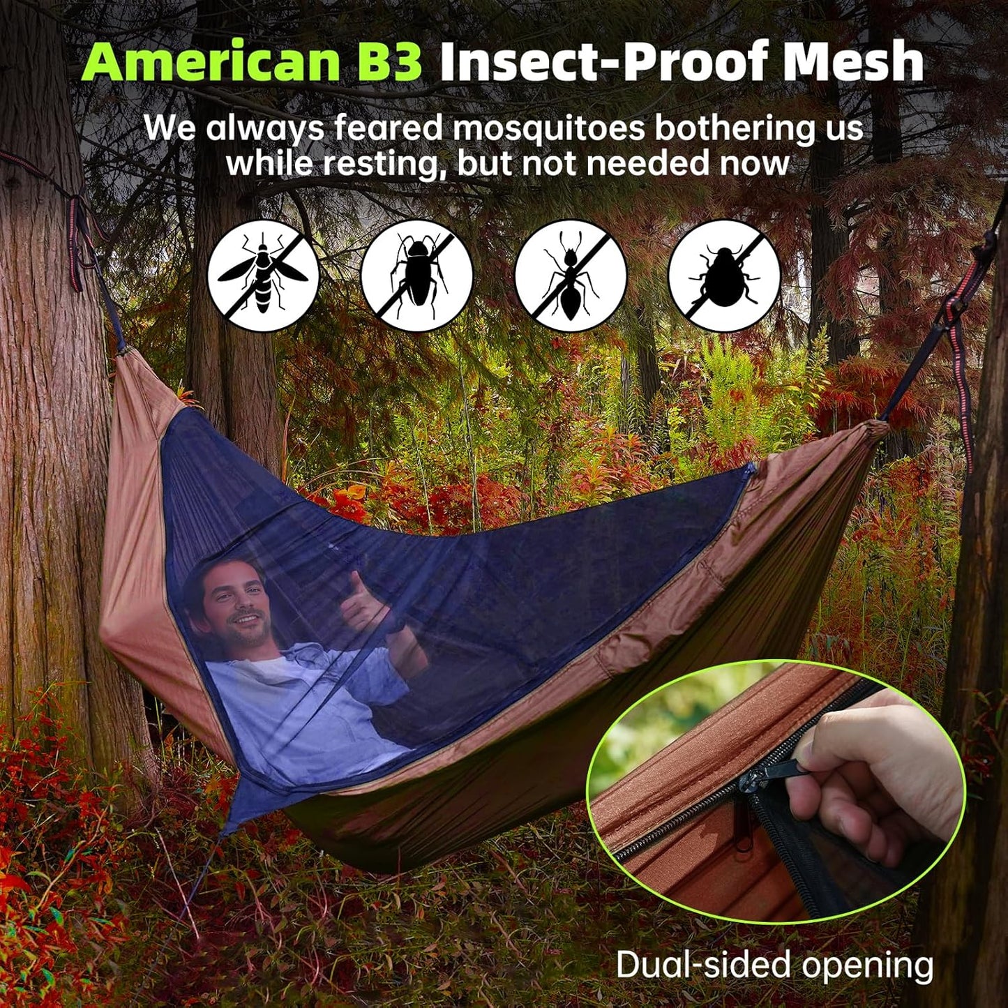 Camping Hammock Mosquito Net with Rain Fly - Rain Fly Tarp & Hammock Bug Net, Portable Parachute Nylon Hammock for Outdoor, Hiking, Backpacking, Backyard, Beach, Travel (Hold Up to 500lbs)