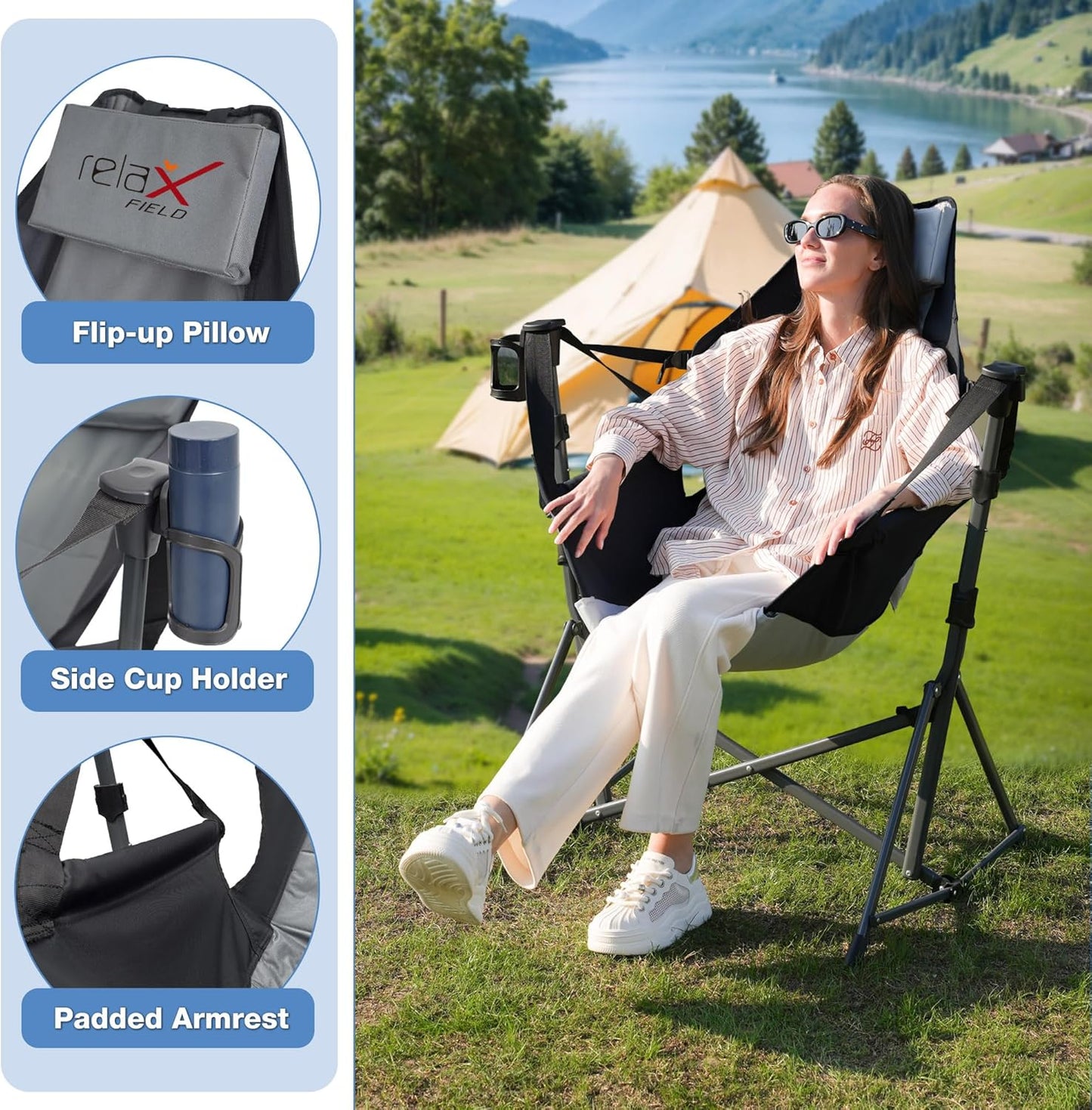 Hammock Camping Chair, 3 Heights Swinging Chair with Adjustable Backrest, Folding Rocking Chair with Head Pillow&Cup Holder, Outdoor Chairs for Camping and Hiking, Supports 350lbs, Black