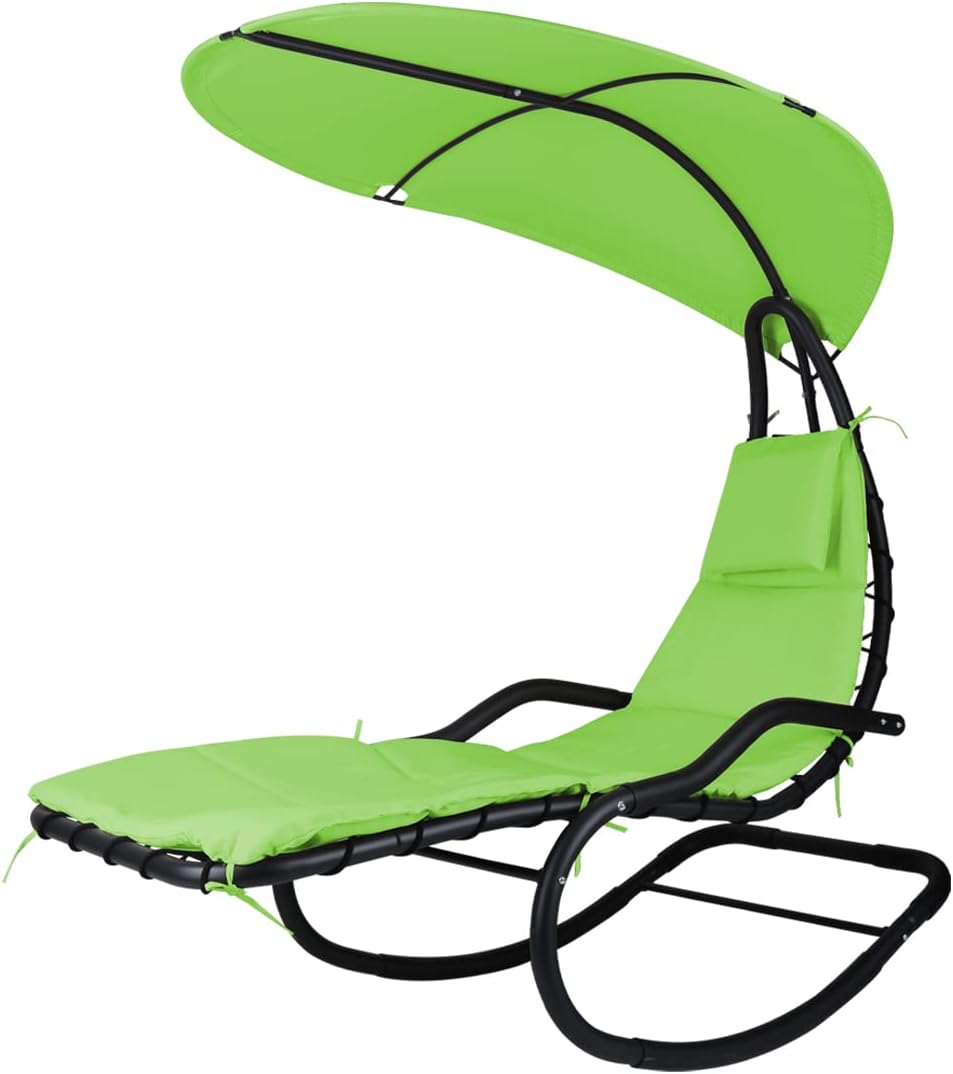 Outdoor Hammock Rocking Chaise Lounge Swing Chair, with Stand and Canopy, Porch Swing w/Soft Cushion Removable Headrest, Outdoor Recliner Rocking Chair for Garden Backyard Poolside (Blue)