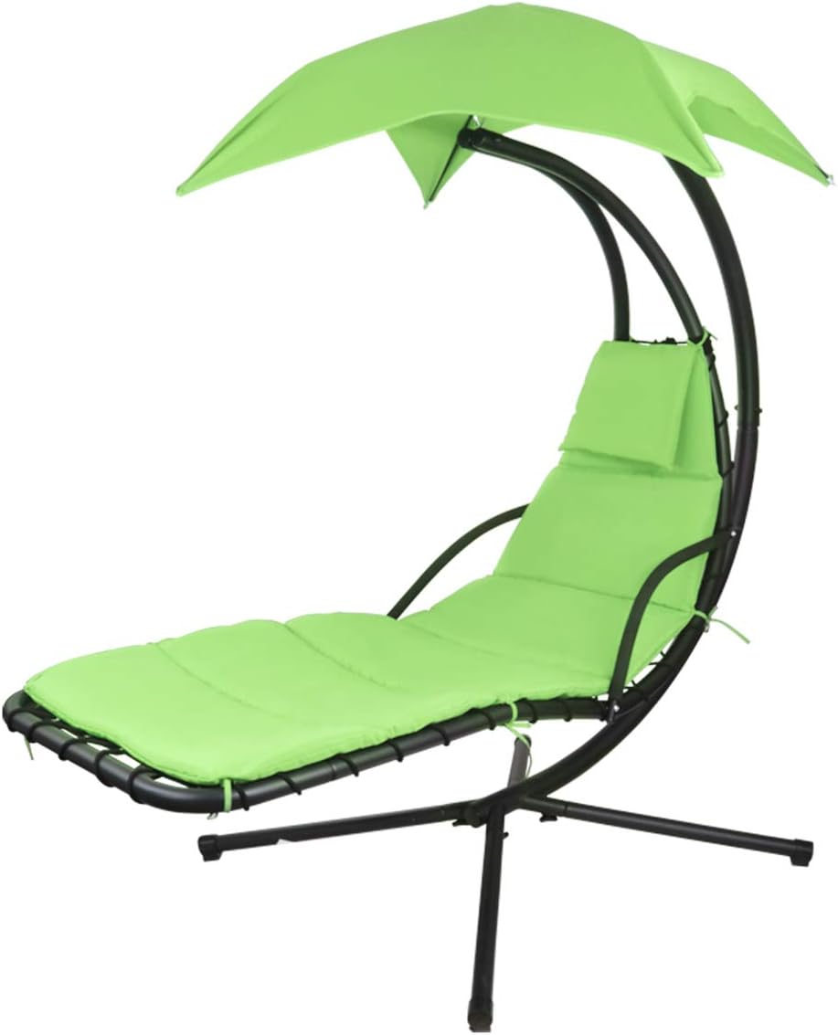Patio Hanging Chaise Outdoor Lounger Padded Cushion Swing Hammock Chair w/Sun Shade Canopy Umbrella Stand [Orange]