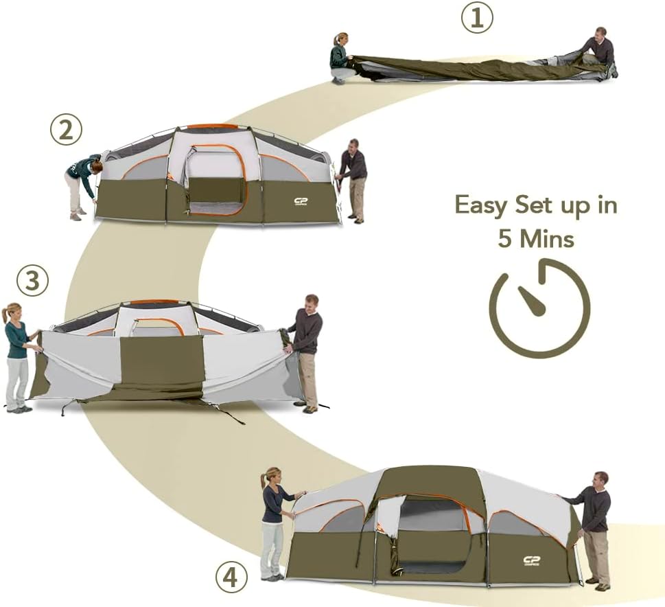 CAMPROS CP Tent 8 Person Camping Tents, Weather Resistant Family Tent, 5 Large Mesh Windows, Double Layer, Divided Curtain for Separated Room, Portable with Carry Bag