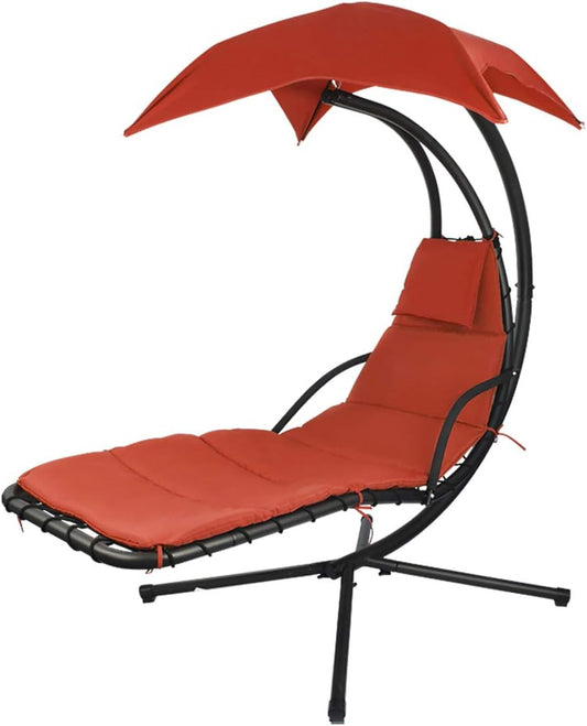 Patio Hanging Chaise Outdoor Lounger Padded Cushion Swing Hammock Chair w/Sun Shade Canopy Umbrella Stand [Orange]