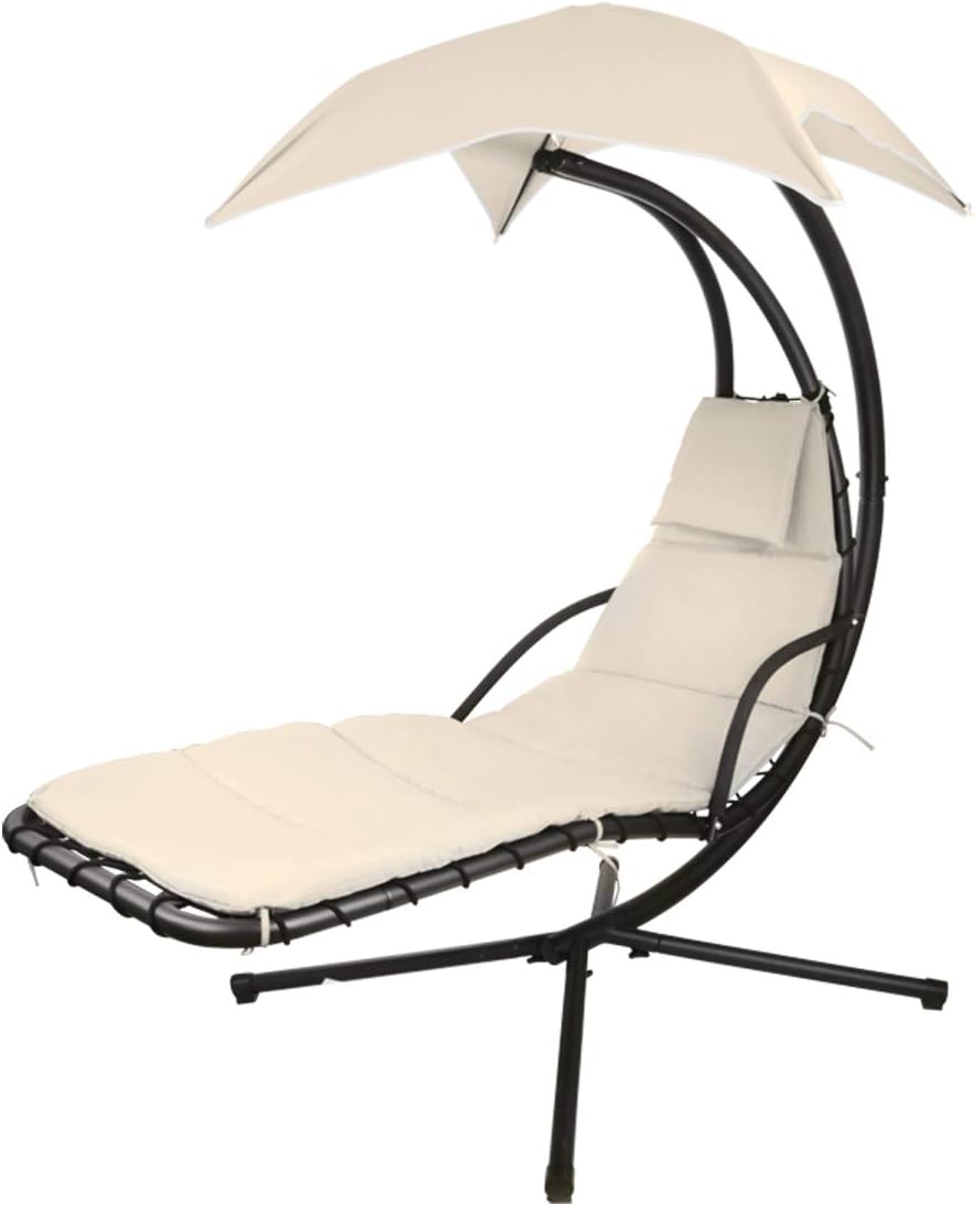 Patio Hanging Chaise Outdoor Lounger Padded Cushion Swing Hammock Chair w/Sun Shade Canopy Umbrella Stand [Orange]