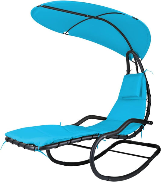 Outdoor Hammock Rocking Chaise Lounge Swing Chair, with Stand and Canopy, Porch Swing w/Soft Cushion Removable Headrest, Outdoor Recliner Rocking Chair for Garden Backyard Poolside (Blue)
