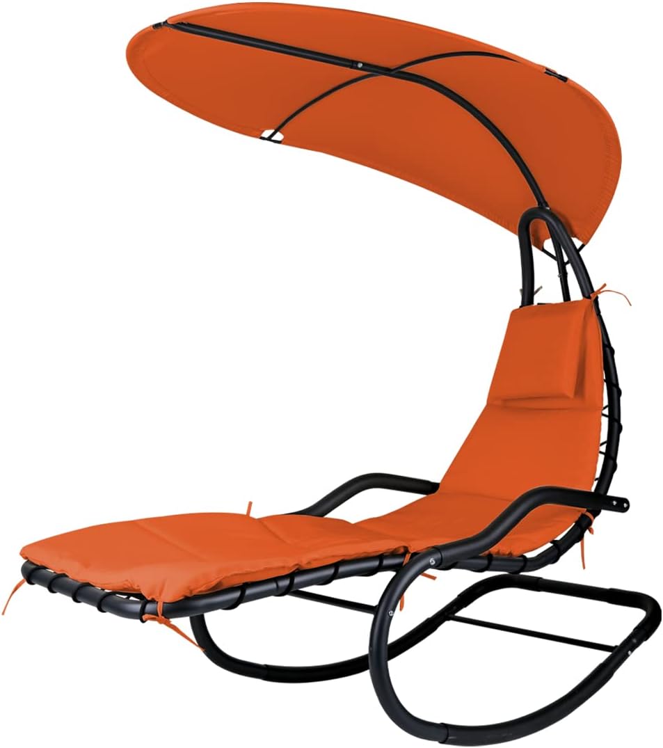 Outdoor Hammock Rocking Chaise Lounge Swing Chair, with Stand and Canopy, Porch Swing w/Soft Cushion Removable Headrest, Outdoor Recliner Rocking Chair for Garden Backyard Poolside (Blue)