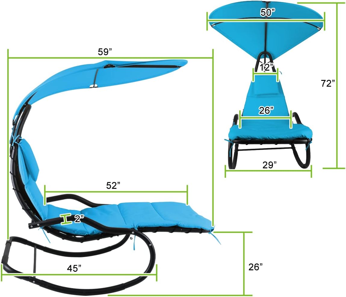 Outdoor Hammock Rocking Chaise Lounge Swing Chair, with Stand and Canopy, Porch Swing w/Soft Cushion Removable Headrest, Outdoor Recliner Rocking Chair for Garden Backyard Poolside (Blue)