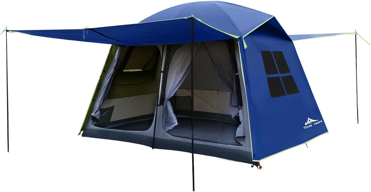 Three Bears 6-Person Tent, 3000mm Waterproof Double-Layer Tent with Room Dividers, Family Tent with Color-Coded Connection Buckles, Front and Rear Vestibules Can Be Set Up as Sunshade Canopies