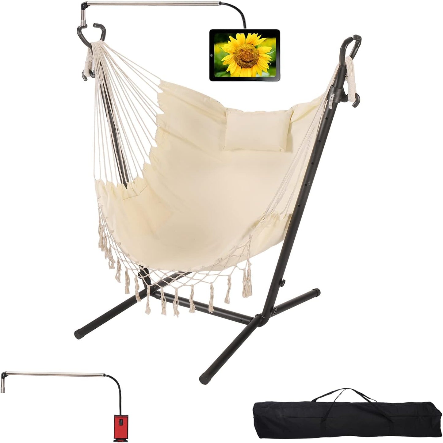 Hammock with Stand Phone Holder Included Double Hanging Chair Macrame Boho Handmade Adjustable Swing Indoor Outdoor Patio Yard Garden Porch 400lbs Capacity (2022 Grey)
