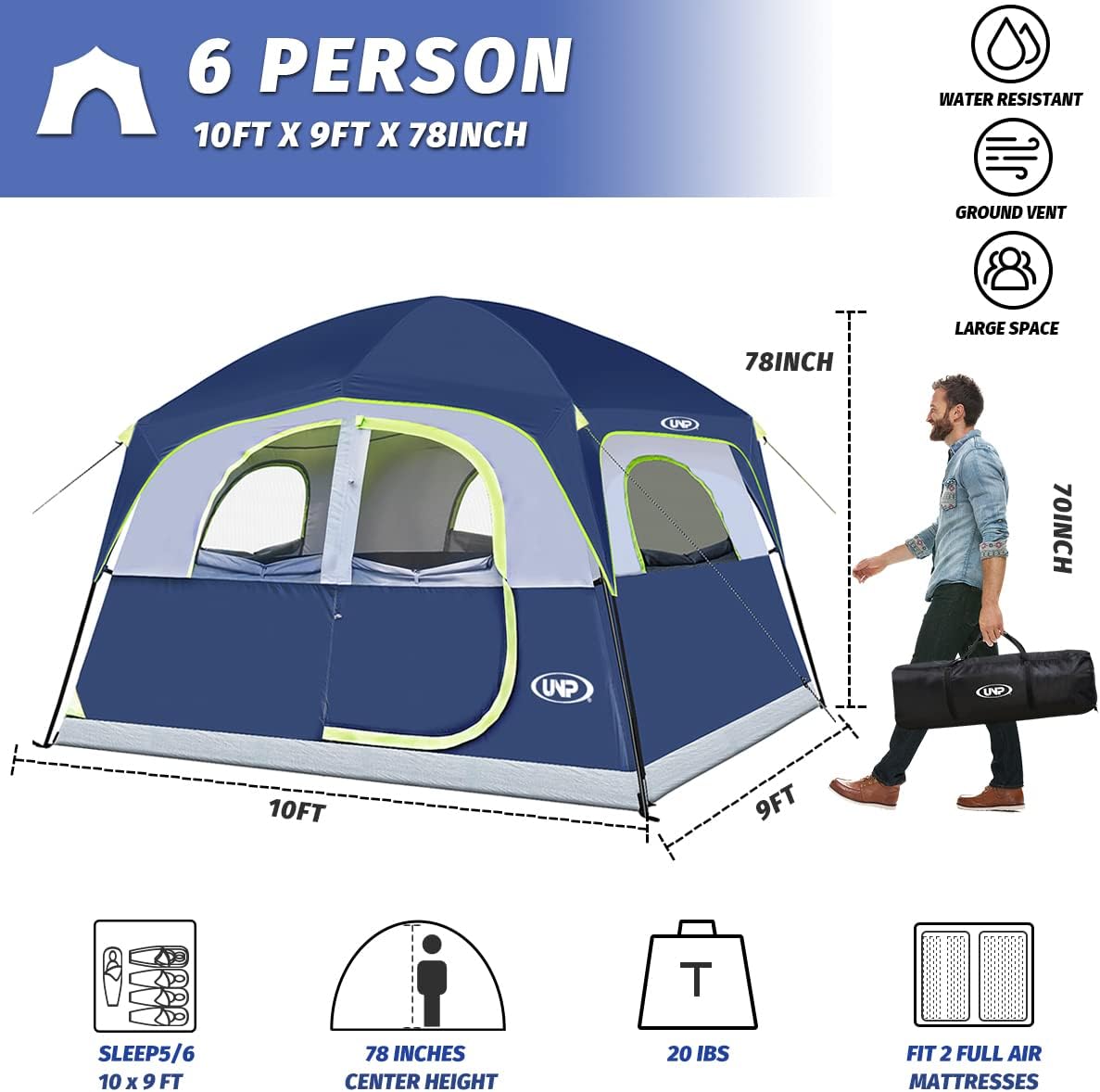 UNP Tents 6 Person Waterproof Windproof Easy Setup,Double Layer Family Camping Tent with 1 Mesh Door & 5 Large Mesh Windows -10'X9'X78in(H)