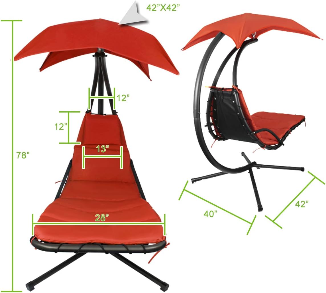 Patio Hanging Chaise Outdoor Lounger Padded Cushion Swing Hammock Chair w/Sun Shade Canopy Umbrella Stand [Orange]