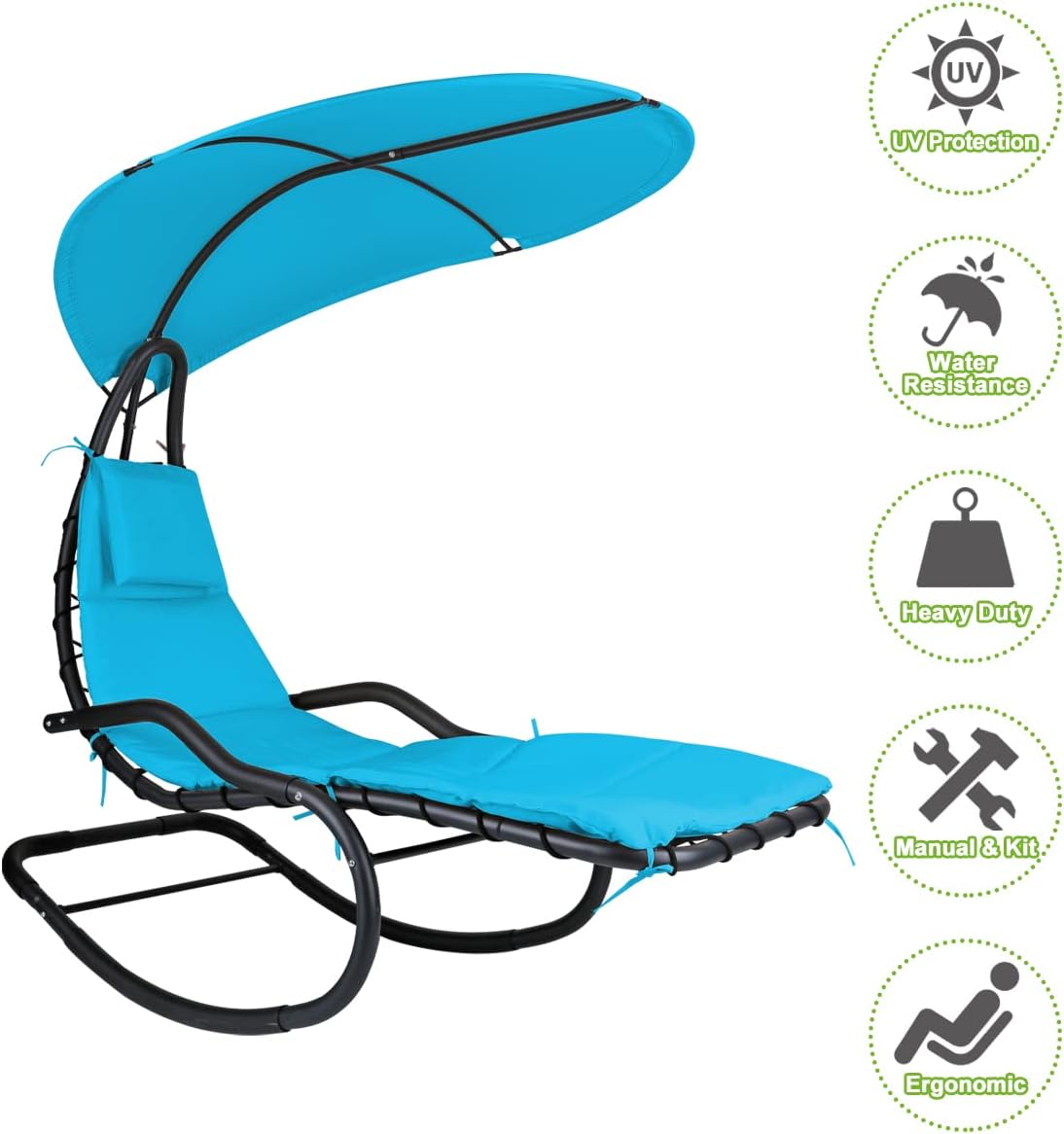 Outdoor Hammock Rocking Chaise Lounge Swing Chair, with Stand and Canopy, Porch Swing w/Soft Cushion Removable Headrest, Outdoor Recliner Rocking Chair for Garden Backyard Poolside (Blue)