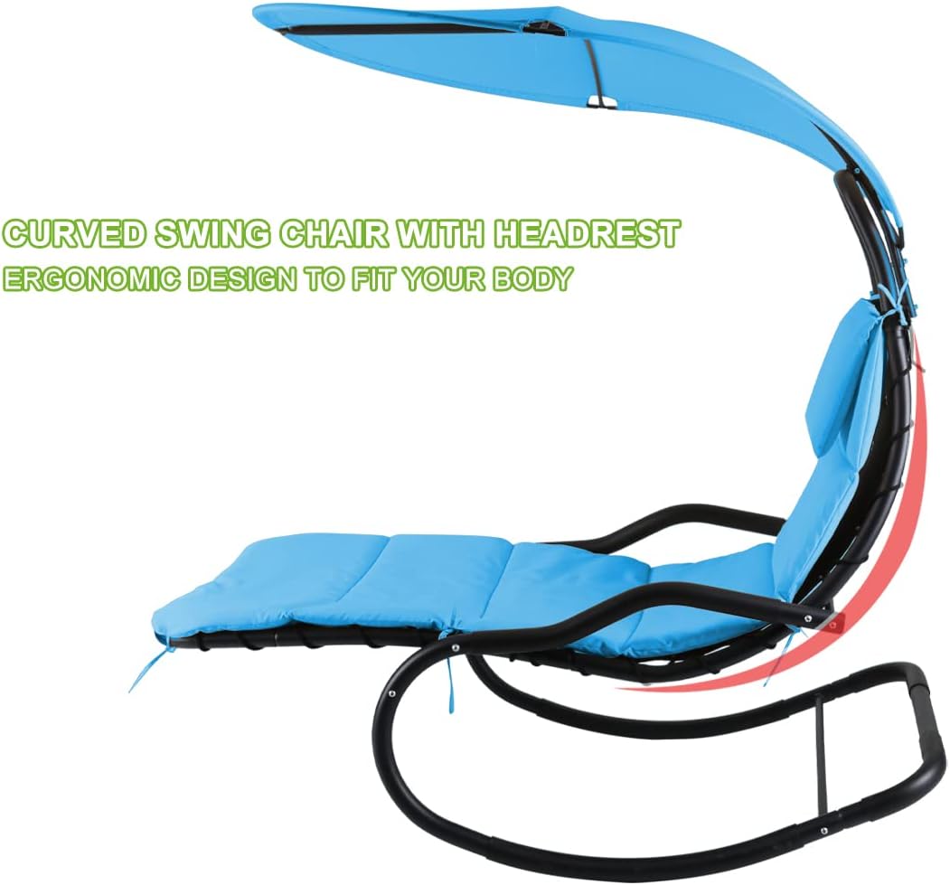 Outdoor Hammock Rocking Chaise Lounge Swing Chair, with Stand and Canopy, Porch Swing w/Soft Cushion Removable Headrest, Outdoor Recliner Rocking Chair for Garden Backyard Poolside (Blue)