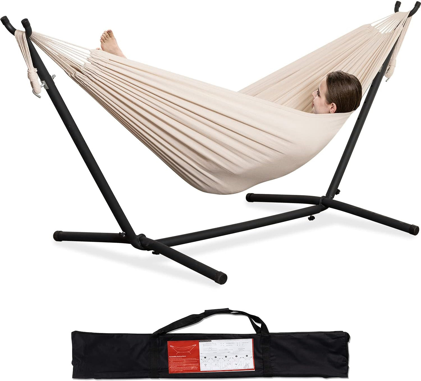 PNAEUT Double Hammocks with Stand for Outside, Portable Space Saving Heavy-Duty Steel Stand for Indoor Outdoor Patio with Carrying Bag, 450 lbs Capacity (Coffee)