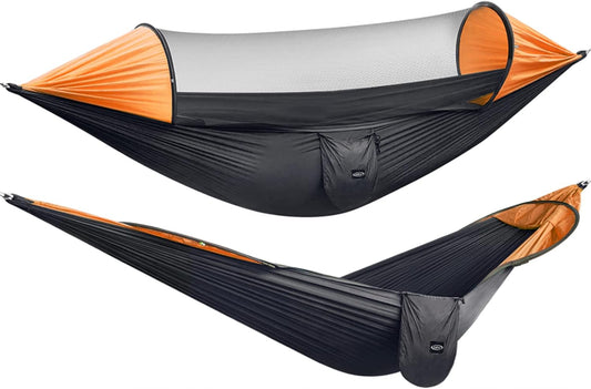 G4Free Large Camping Hammock with Mosquito Net 2 Person Pop-up Parachute Lightweight Hanging Hammocks Tree Straps Swing Bed for Outdoor Backpacking Backyard Hiking