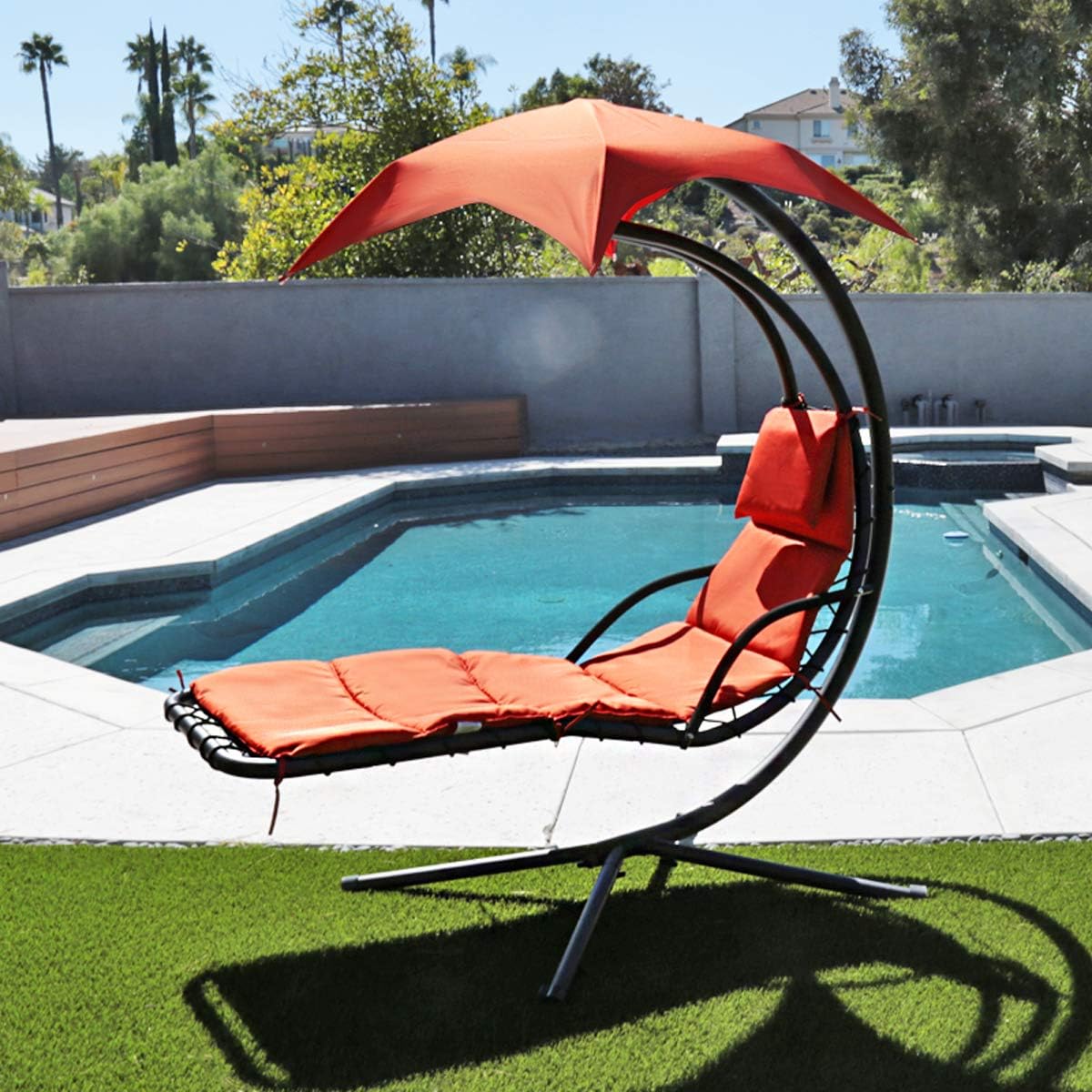 Patio Hanging Chaise Outdoor Lounger Padded Cushion Swing Hammock Chair w/Sun Shade Canopy Umbrella Stand [Orange]