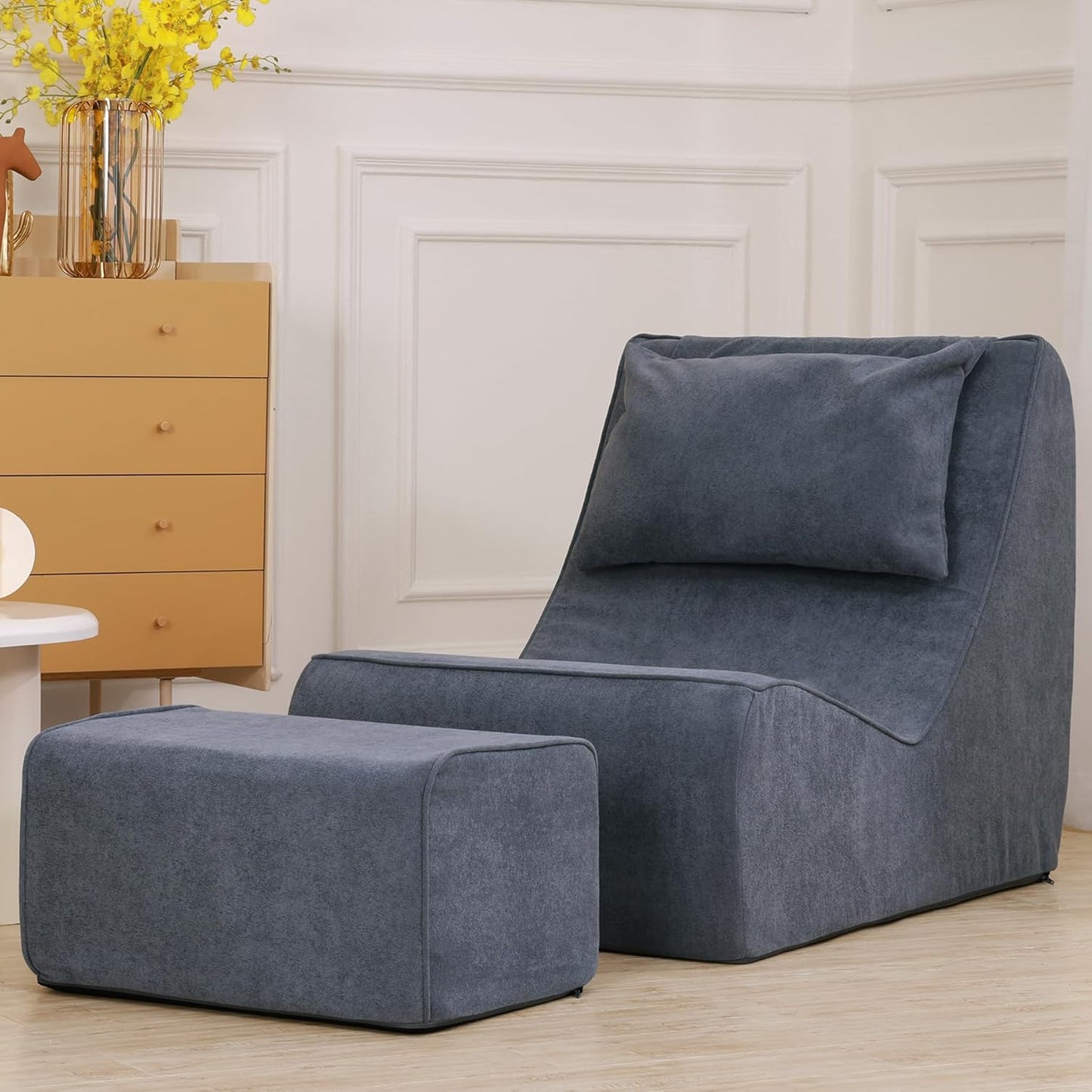 Giant Bean Bag Chair for Adults,Corduroy Chaise Lounge with Unrivaled Back Support, Detachable Neck Pillow, Comfortable Ottoman & Washable Cover for Living Room, Bedroom, Garden (Grey)