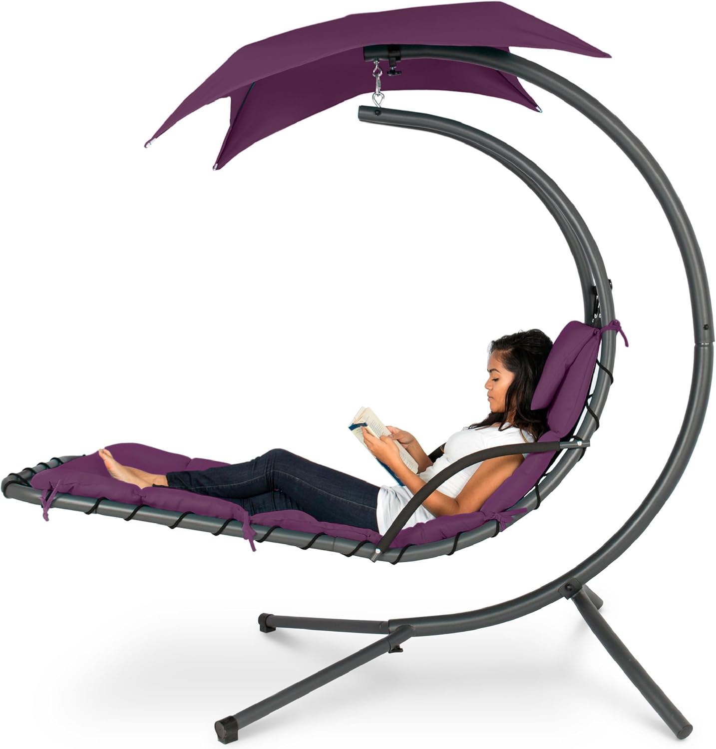 Best Choice Products Outdoor Hanging Curved Steel Chaise Lounge Chair Swing w/Built-in Pillow and Removable Canopy -Red