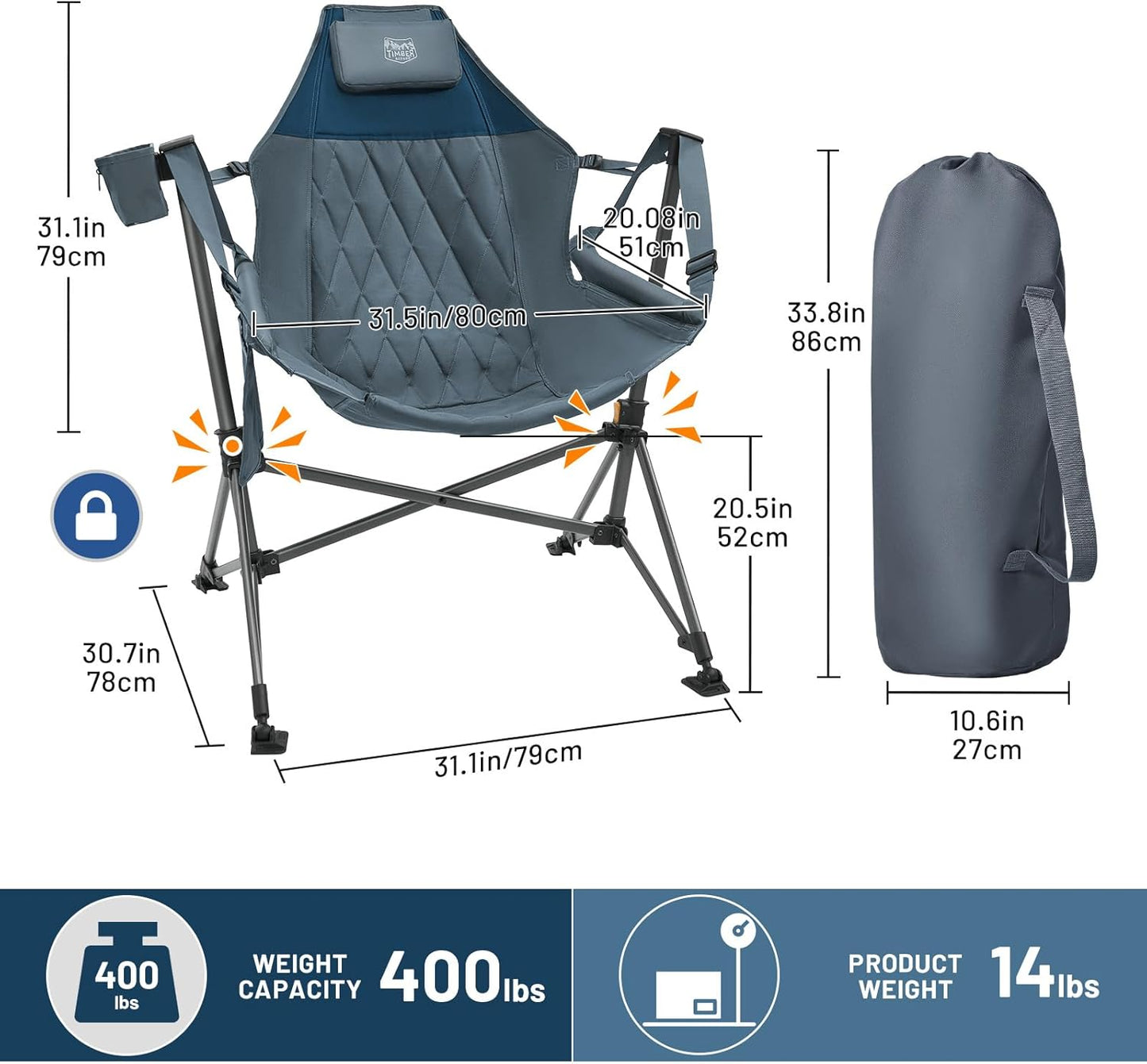 TIMBER RIDGE Hammock Camping Chair, Oversized Swinging Chair with Adjustable Back and Seat Height, Portable Folding Rocking Camping Chair for Outdoor Lawn, Backyard and Patio, Supports 400lbs